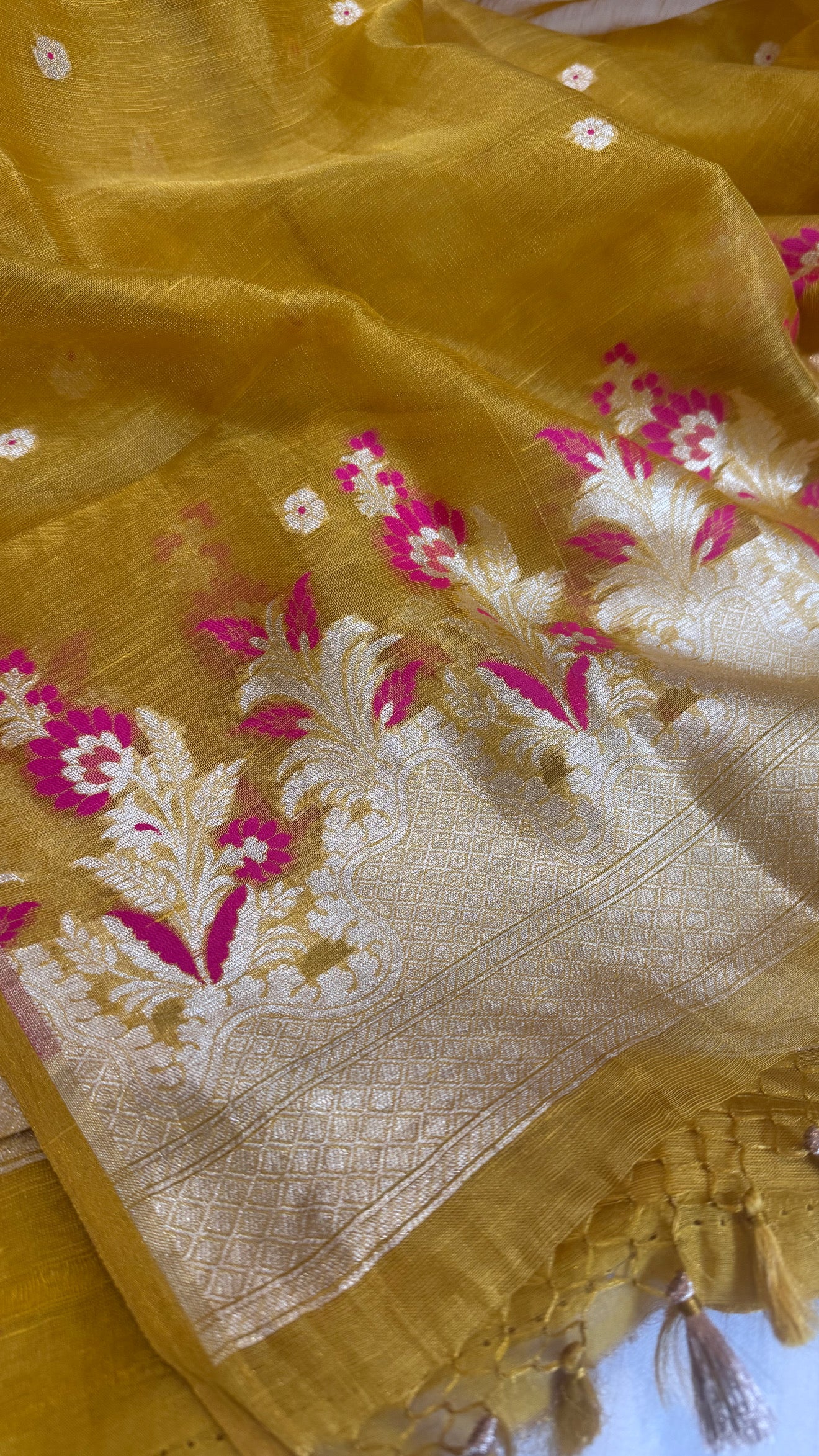 Linen tissue haldi gold meenakari kadhwa buti suit sets