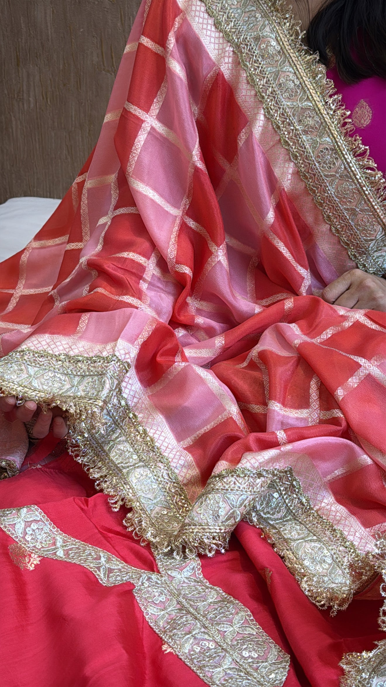 Tomato red moonga silk rangkaat dye chaukadi weaving silk suit set