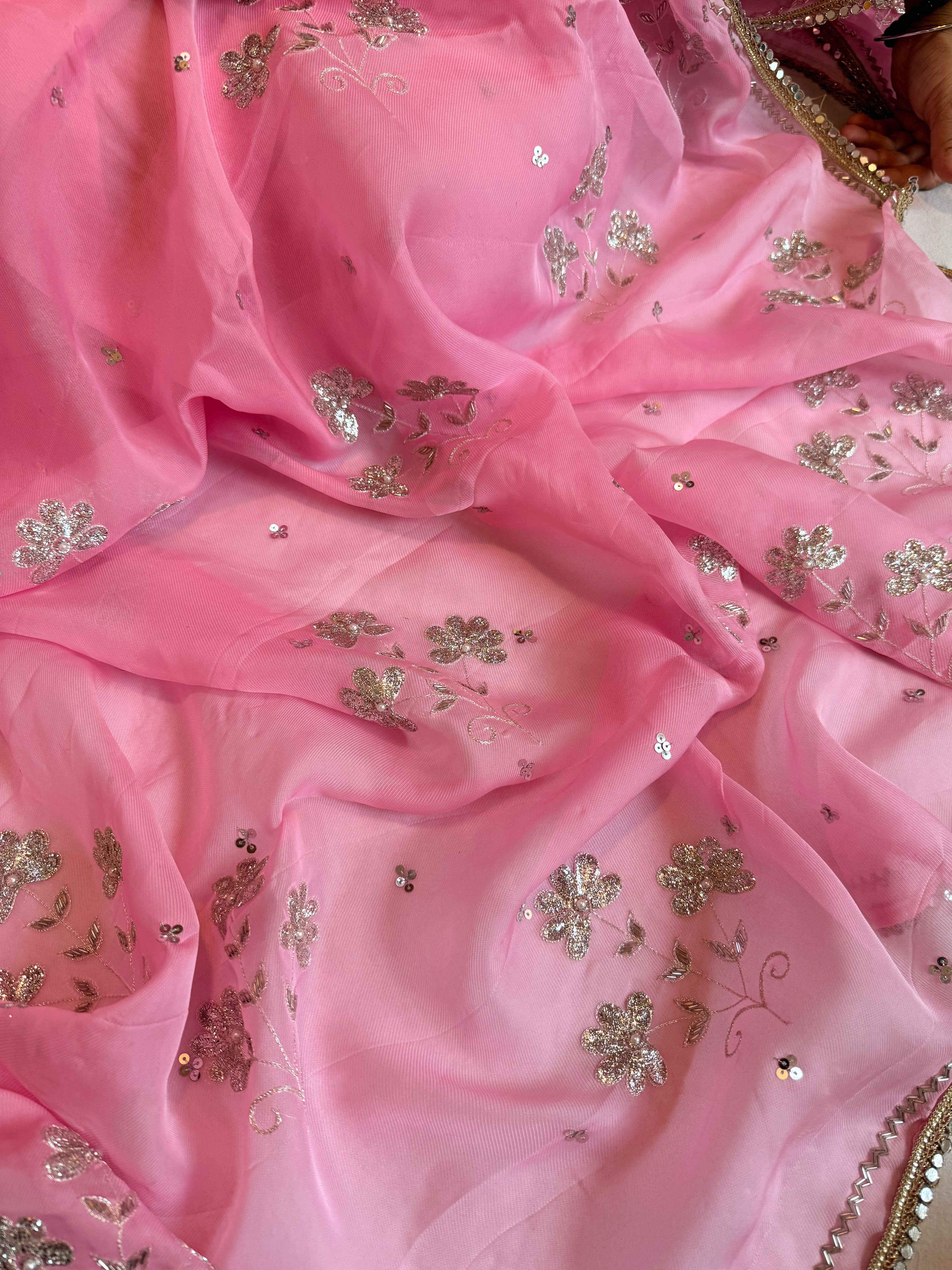 Gulab kamal chiffon kora pittawork kadhwa hand embroidered saree