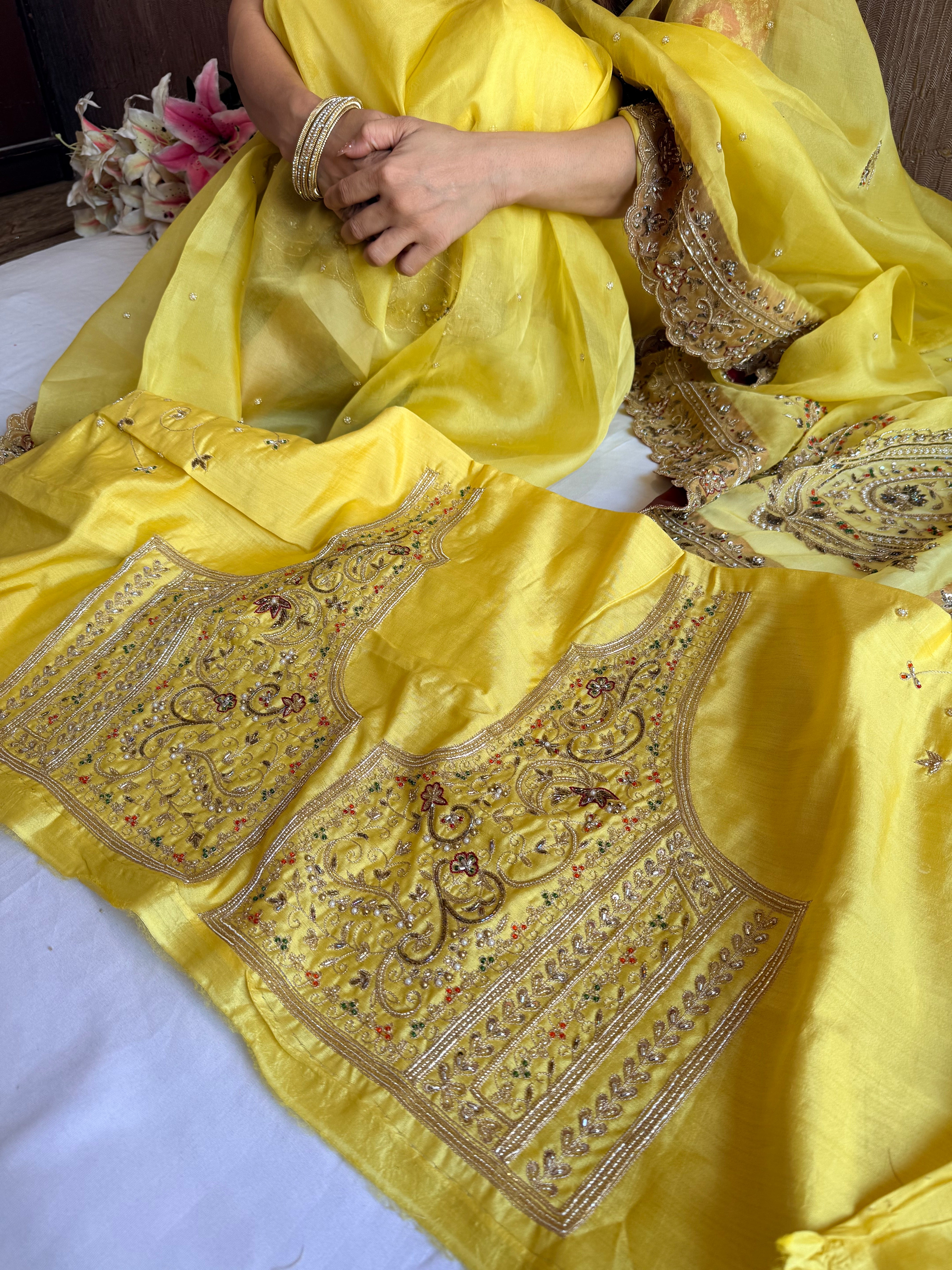 Mummy ki purani wali saree edit - Lemon yellow kora silk kadhwa hand embroidered saree