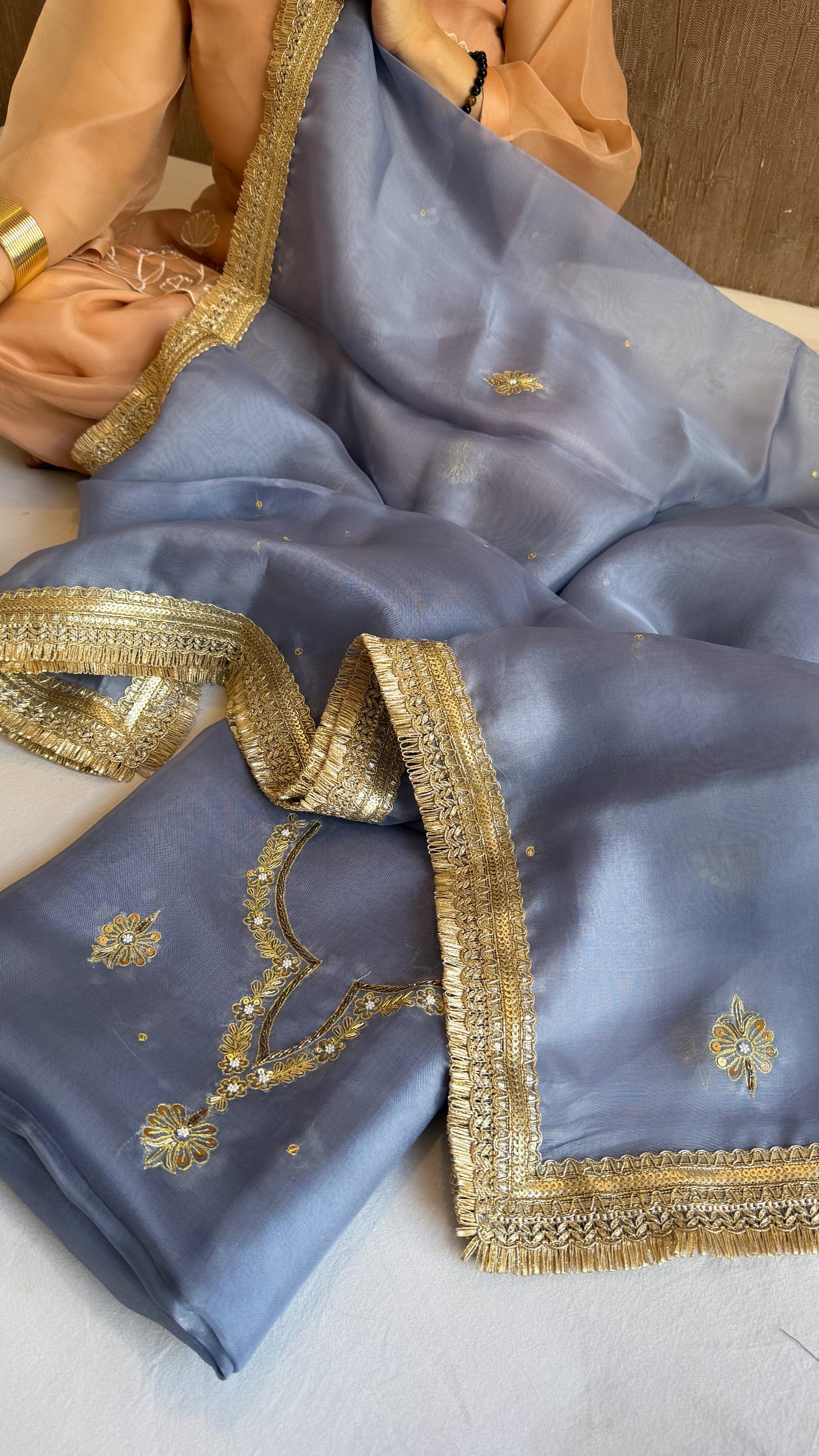 Aari and tilli hand embroidered kora silk marine blue kadhwa suit set