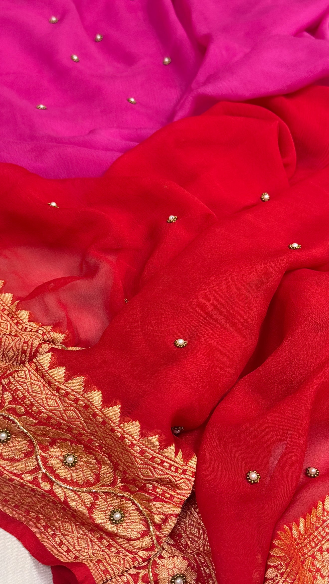 Red-rani hand embroidered ombre shaded chiffon gorgette kadhwa saree