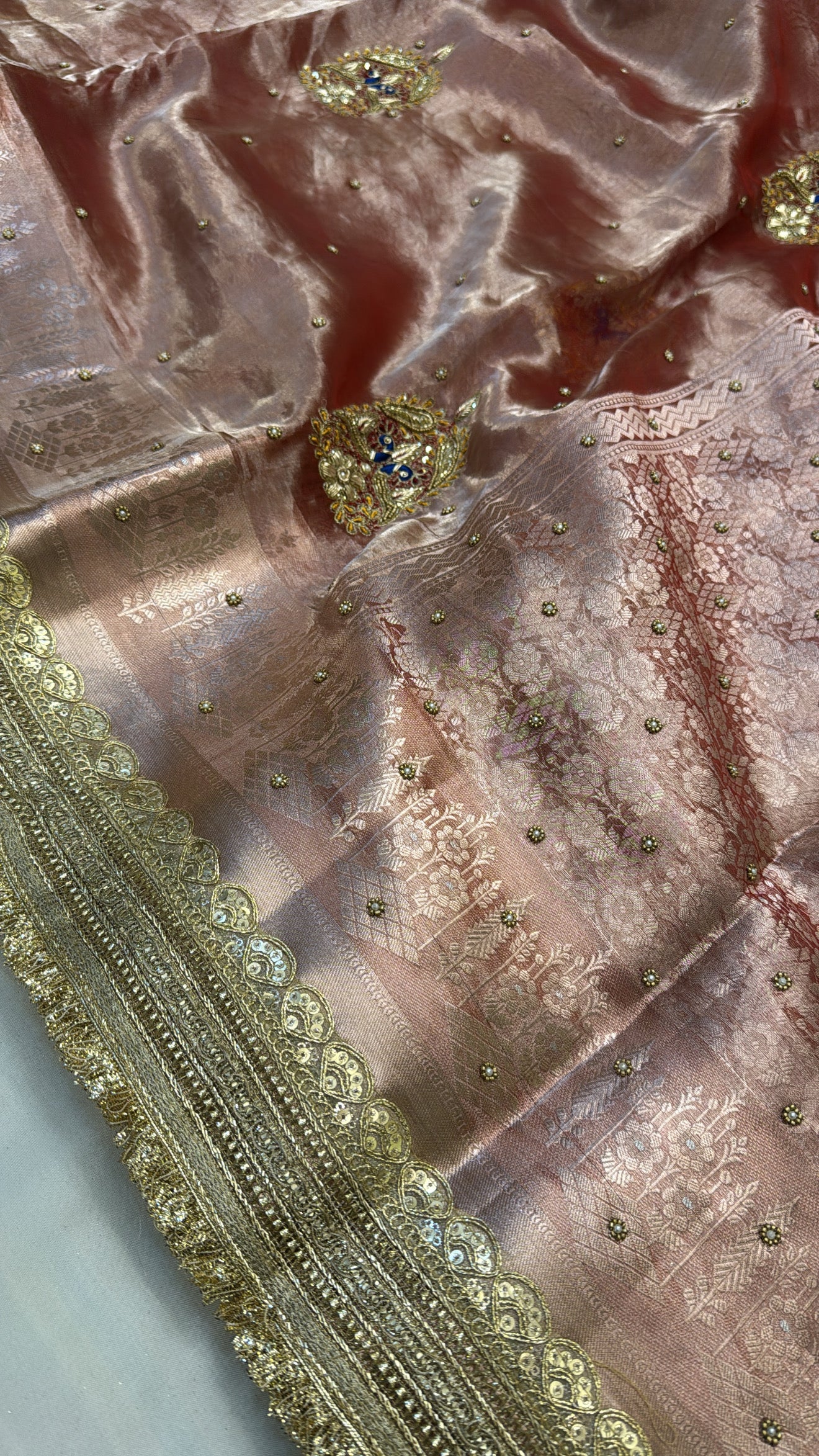 Rose gold peach tissue silk zardozi work hand embroidered kadhwa saree