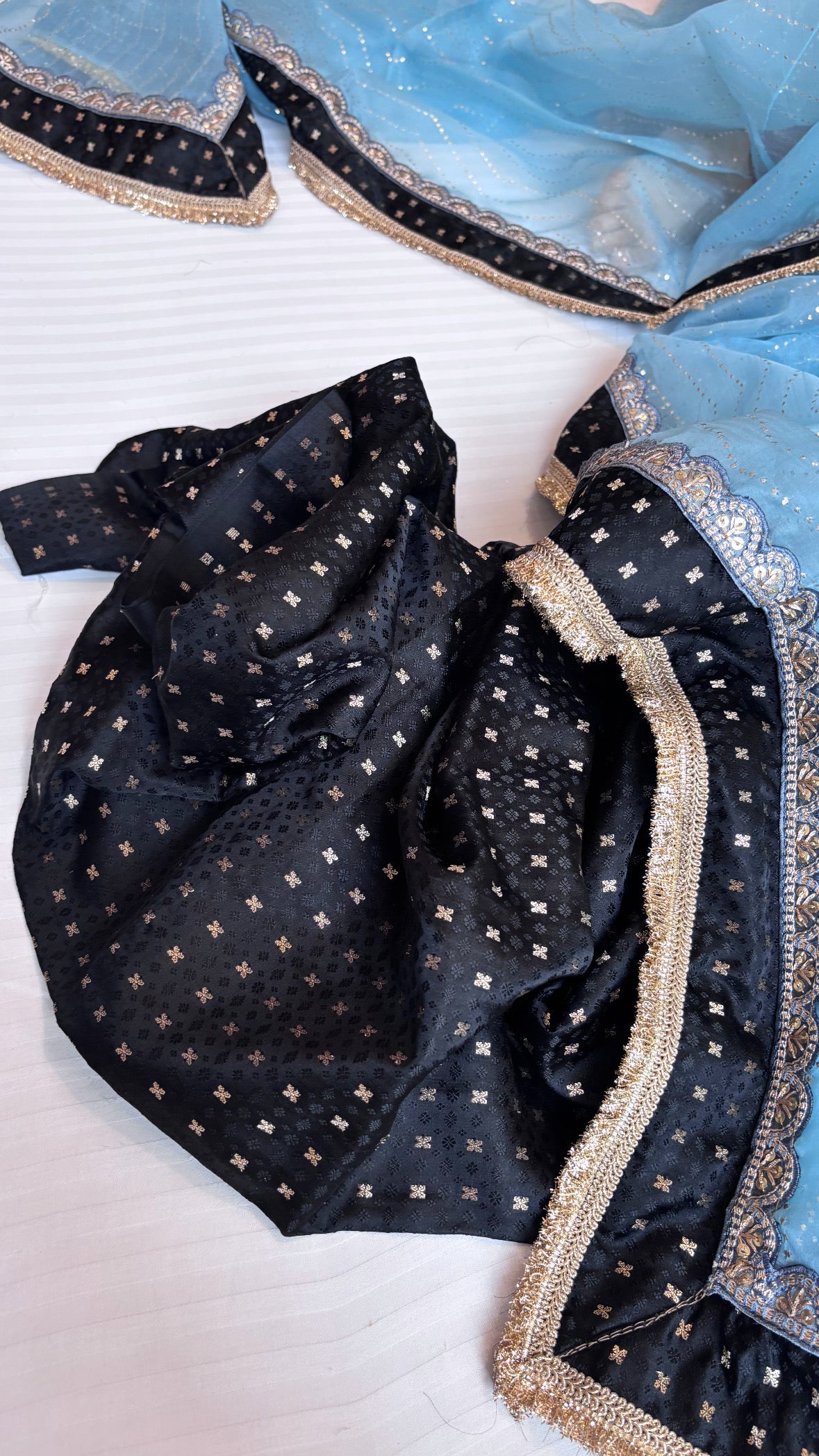 Black-ice blue combination mashru tanchoi silk kurta paired with mukaish badla work kora silk duppata set