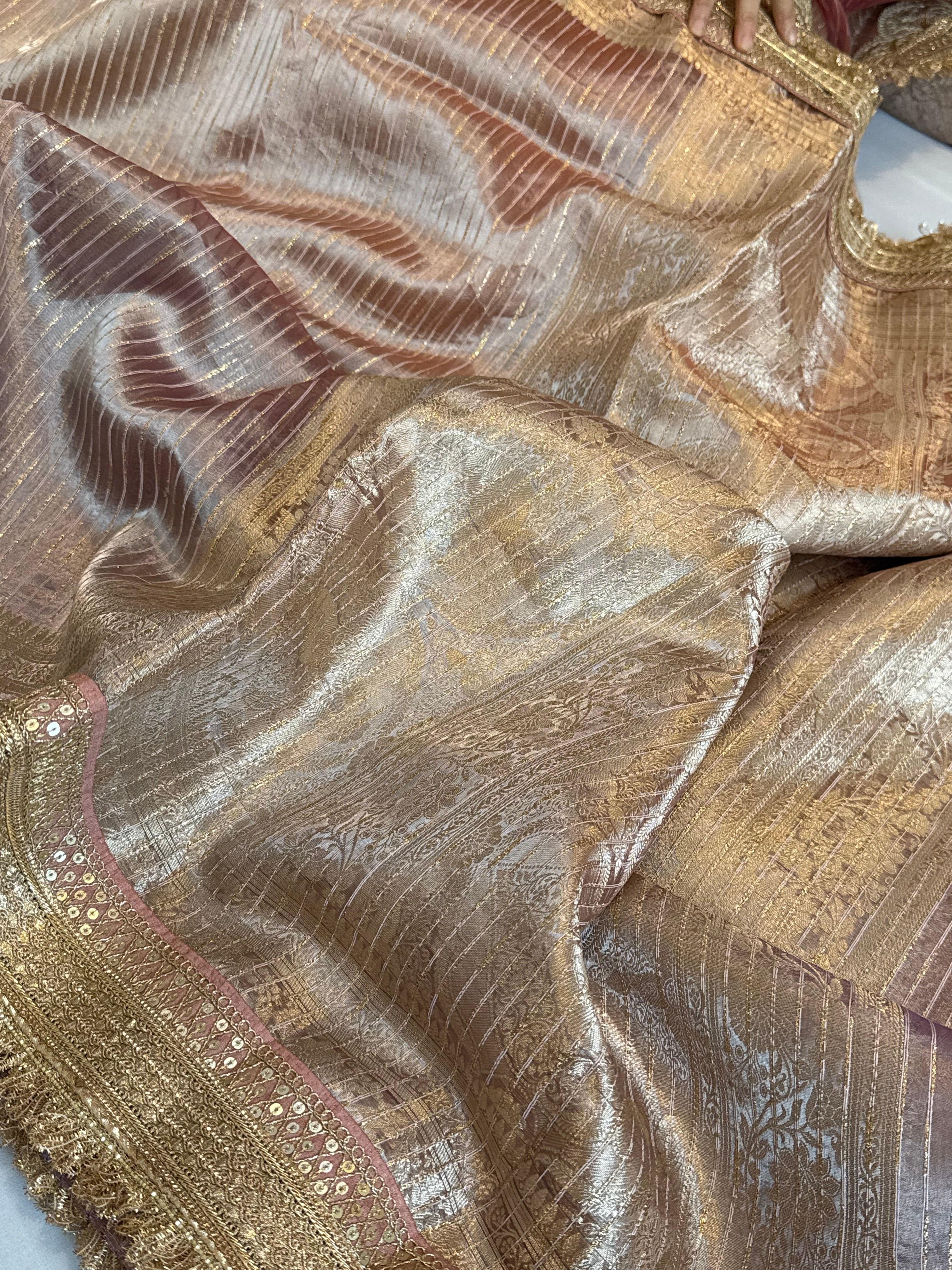 Maharani rang birangi tissue silk zari striped kadhwa saree