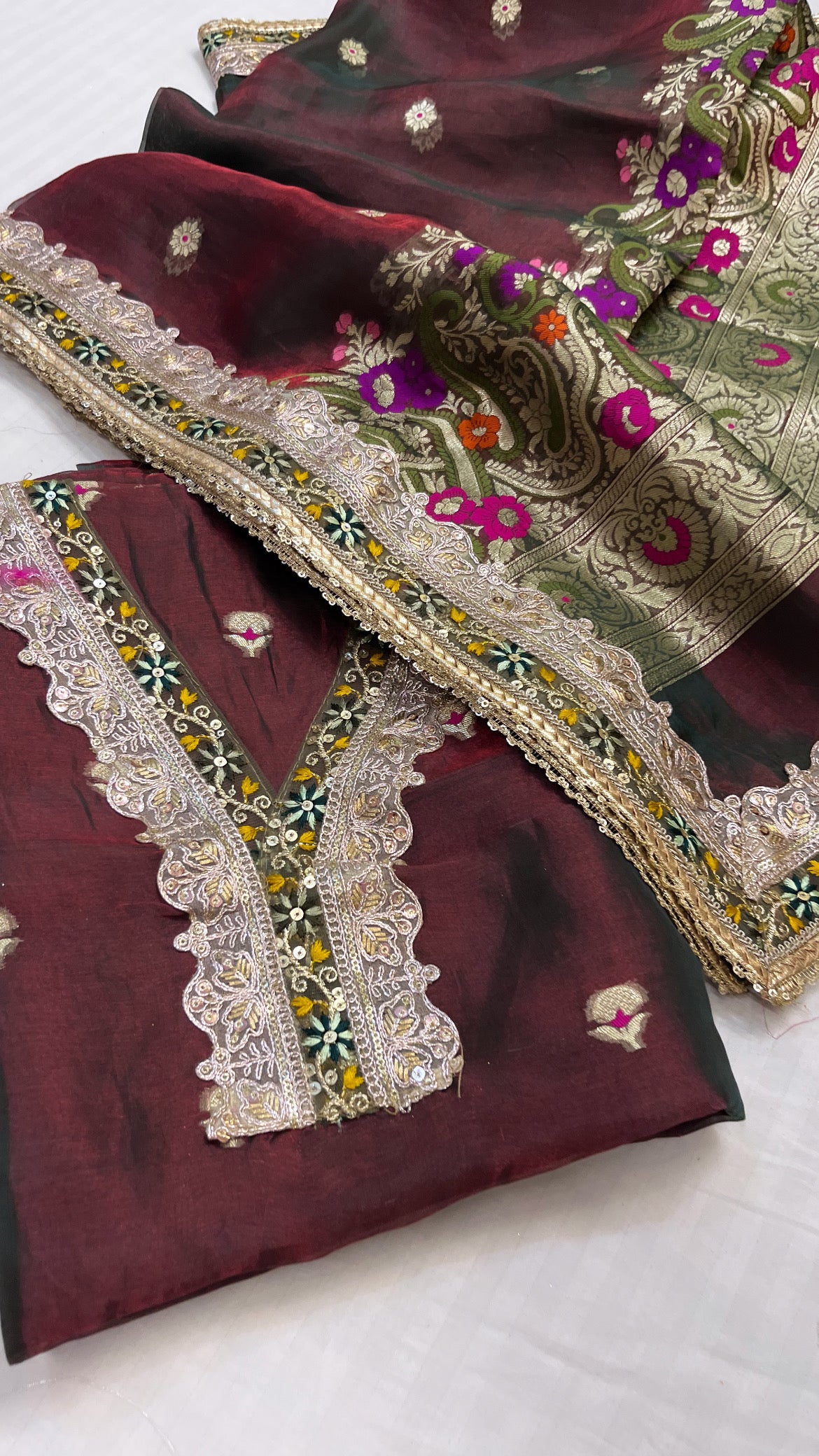 Heeramandi blood maroon tissue silk meenakari suit set