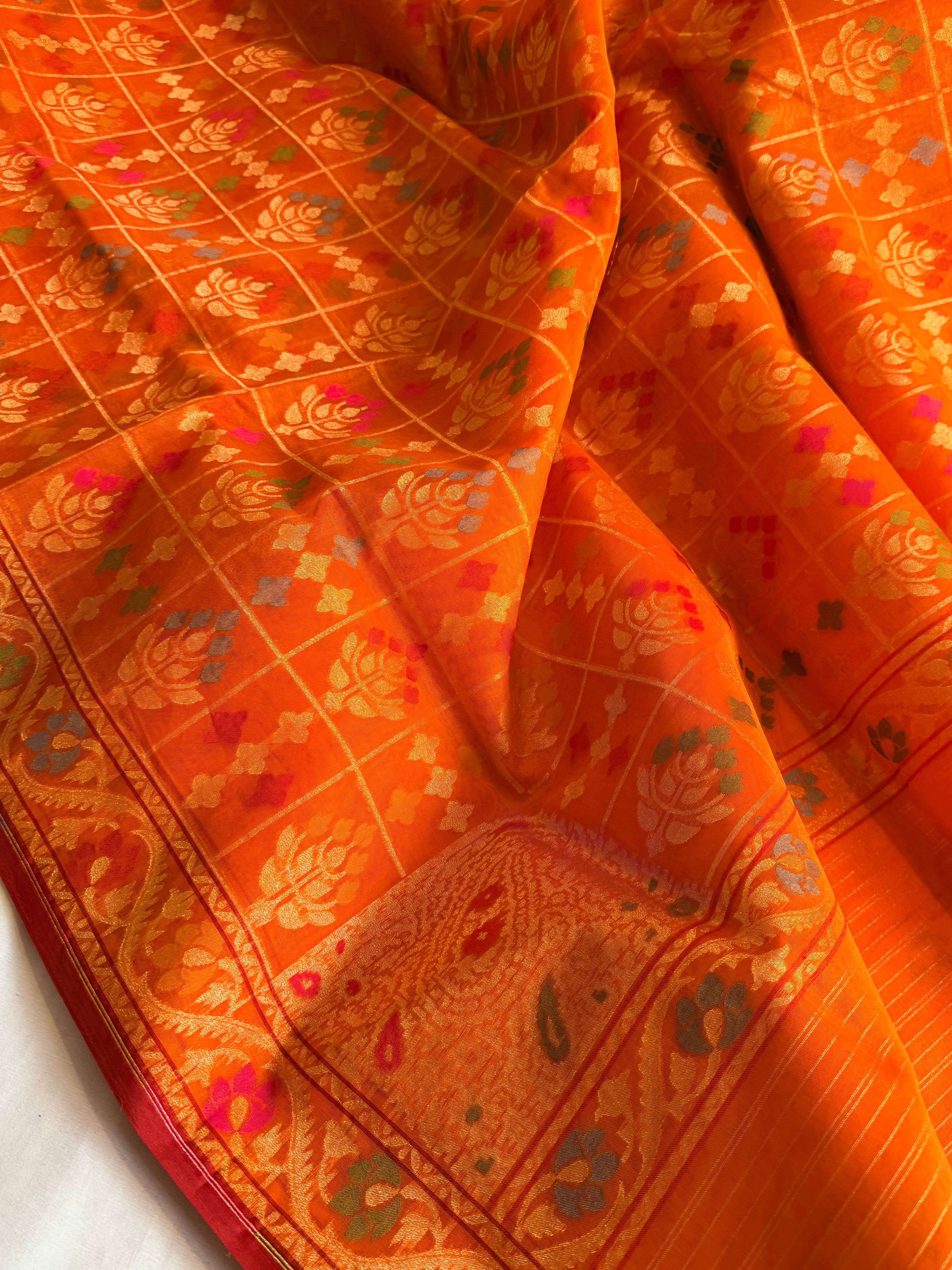 Banarasi kora silk net fanta orange iktara jamdani kadhwa saree