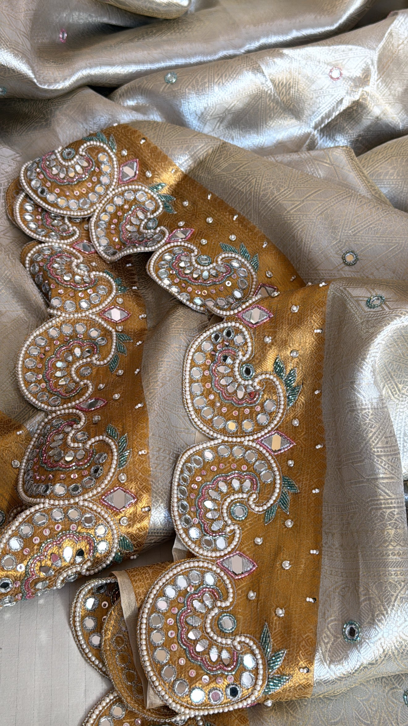 Kanjivaram inspired pure banarasi sona rupa border heavy mirror work and zardozi hand embroidered saree