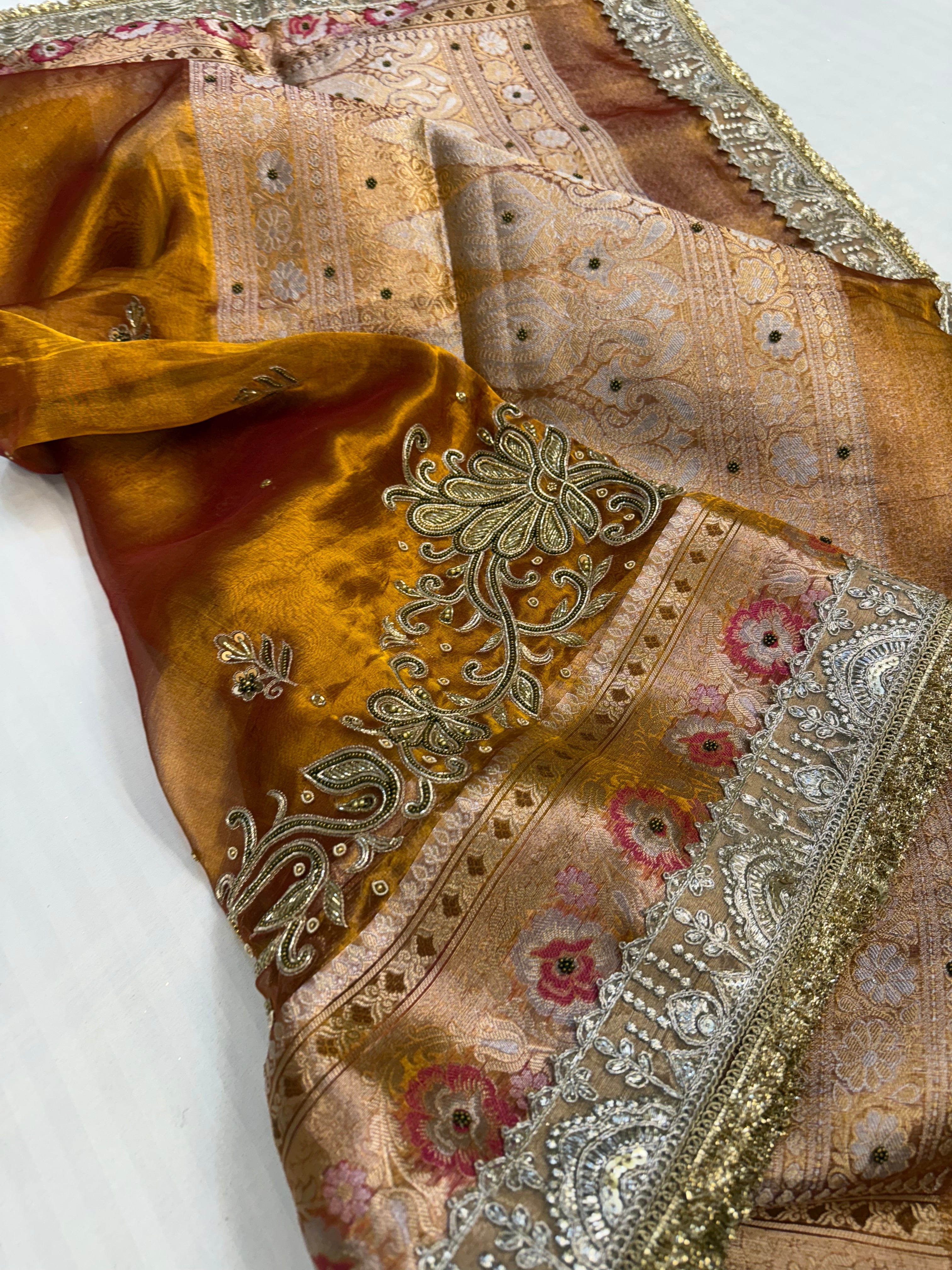 Cocktail wali saree - Kanjivaram orange tissue silk hand embroidered saree