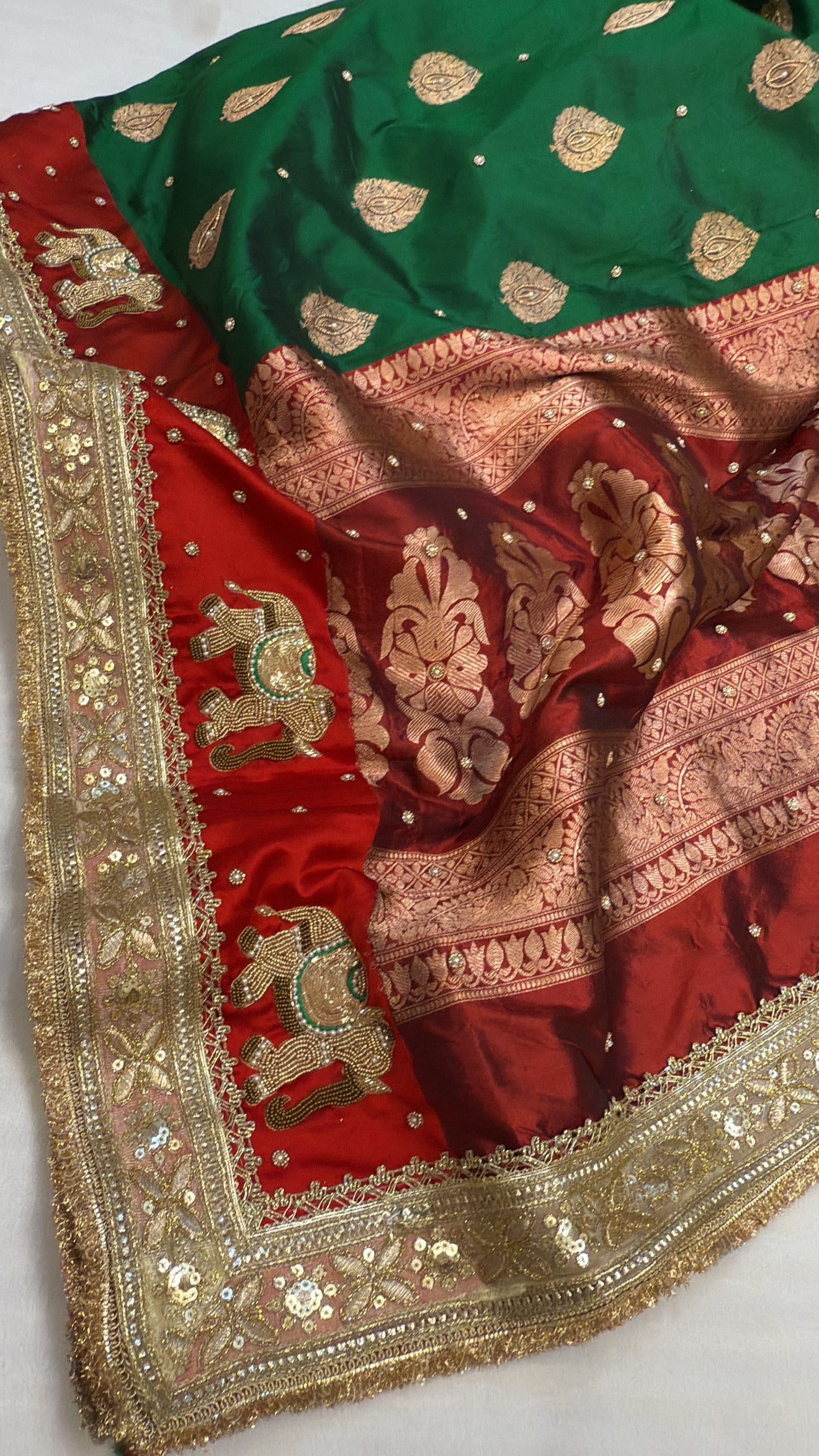 Mashru satin silk saree with contrast border and hand embroidery