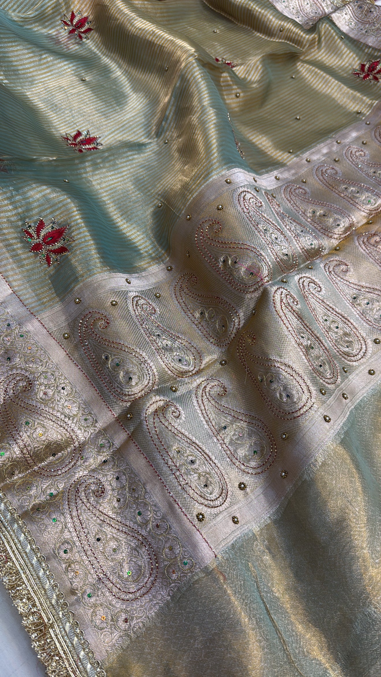 Sea green-moss green ombre shaded tissue silk hand embroidered kadhwa saree