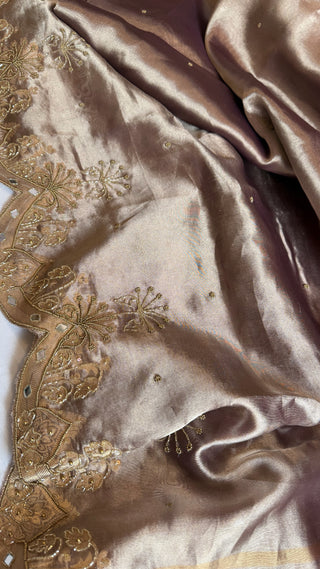 Husn dreamy grey tissue silk heavy hand embroidered saree