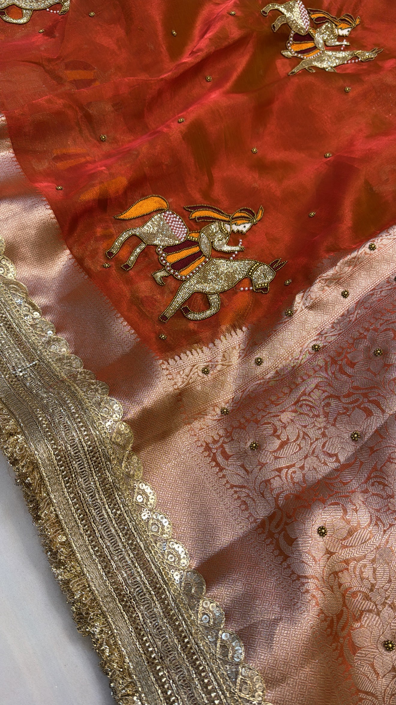 Sunset orange baarat motif husn tissue silk hand embroidered saree
