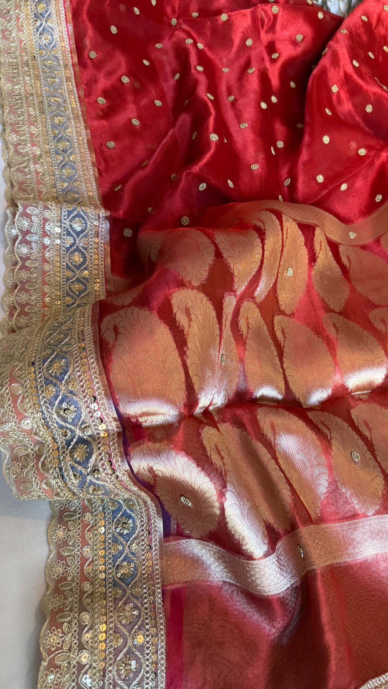 Maharani chunri buti hand embroidered kadhwa tissue silk saree