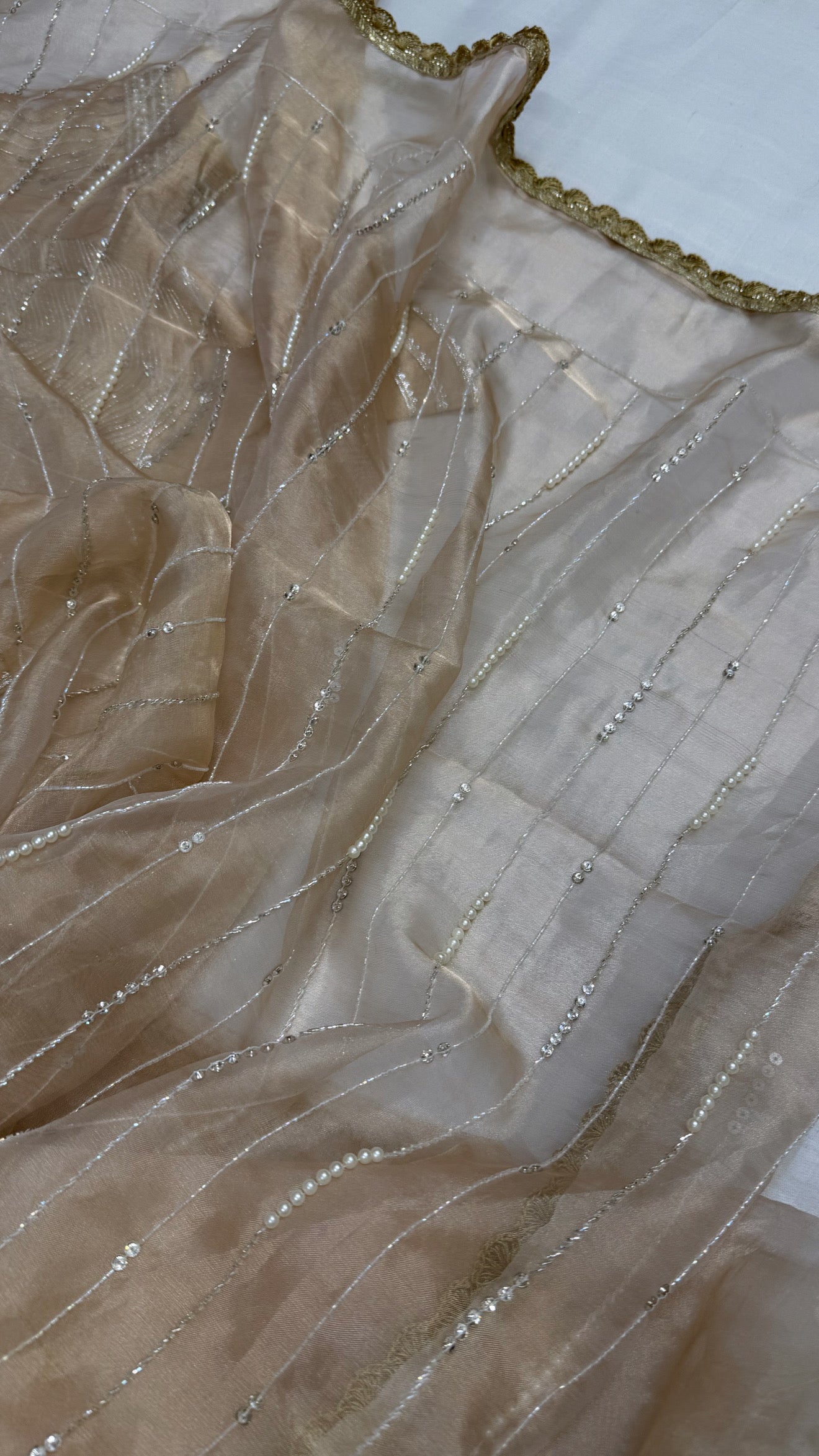 Suhana khan inspired golden pearl work heavy hand embroidered tissue silk saree