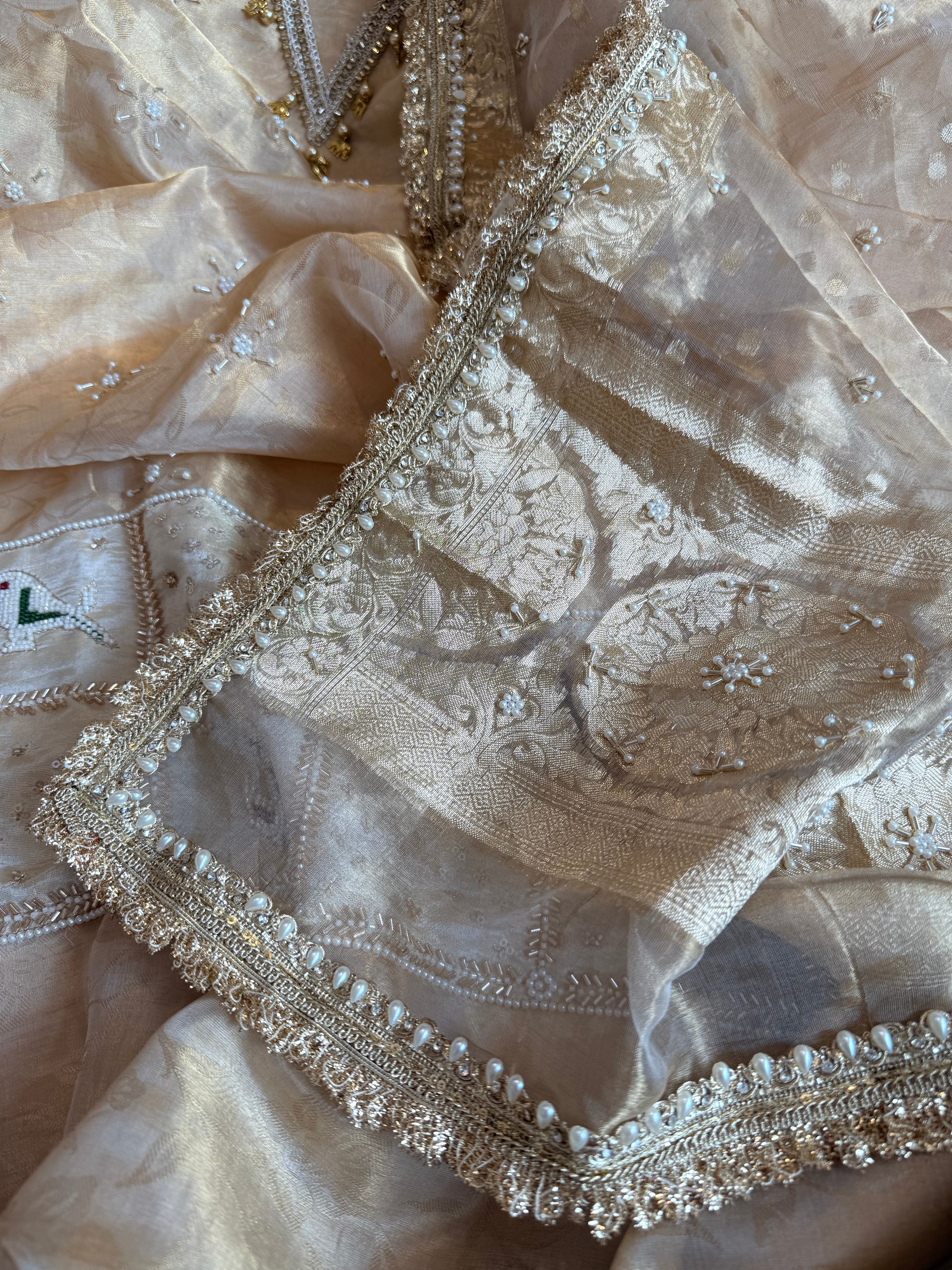 Butter gold patola patchwork hand embroidered tissue silk suit set available on preorder of 10-15 days