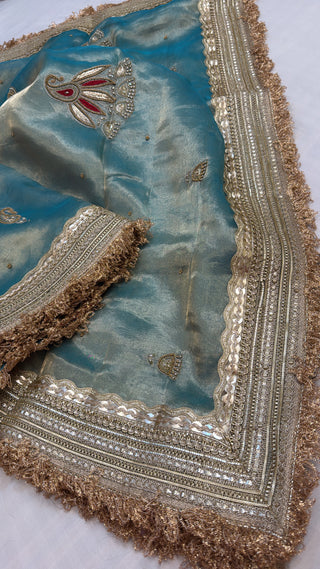 Cocktail wali saree — Aqua blue tissue silk hand embroidered saree