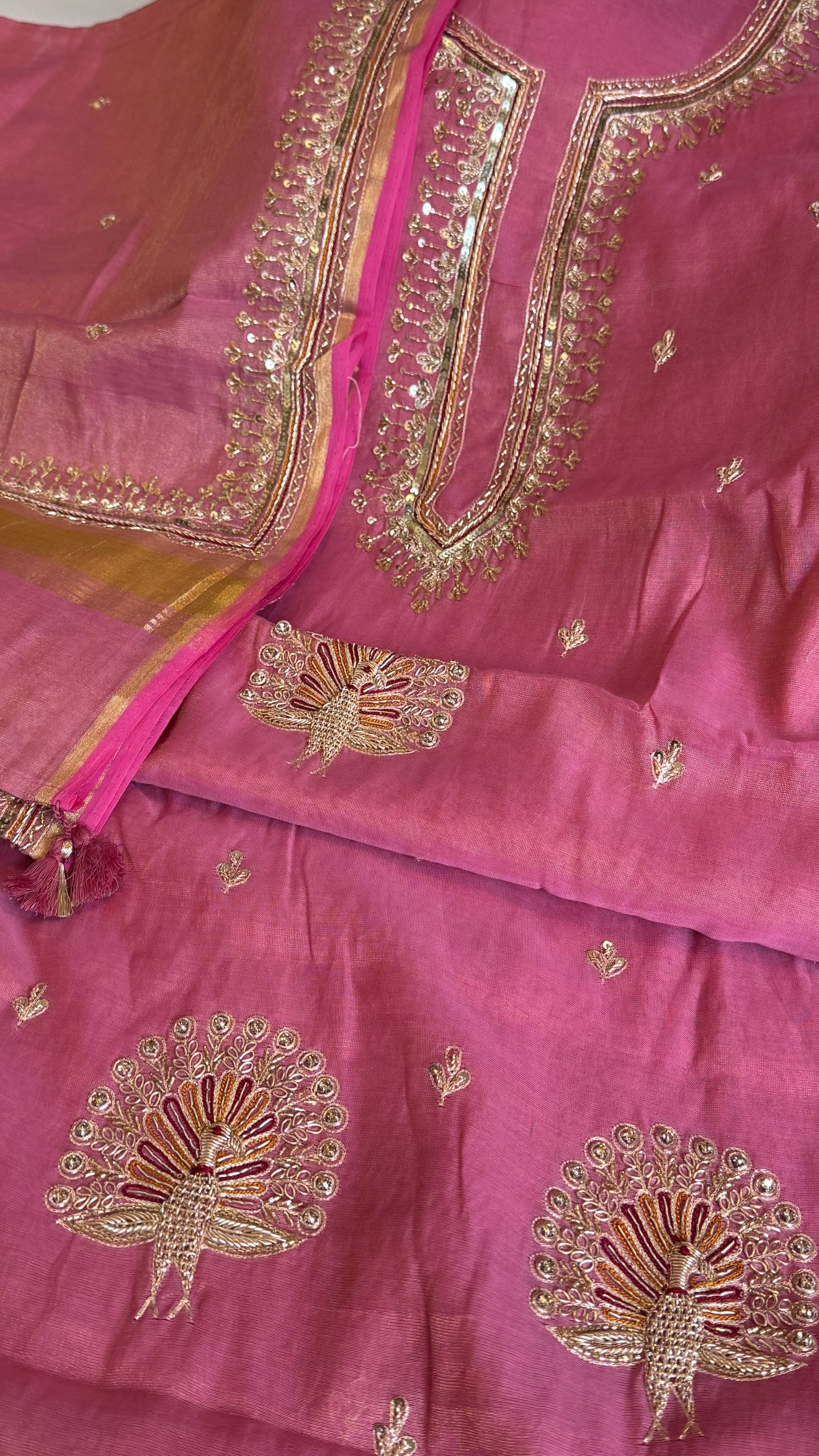 Candy pink mul cotton tissue silk hand embroidered kadhwa suit set