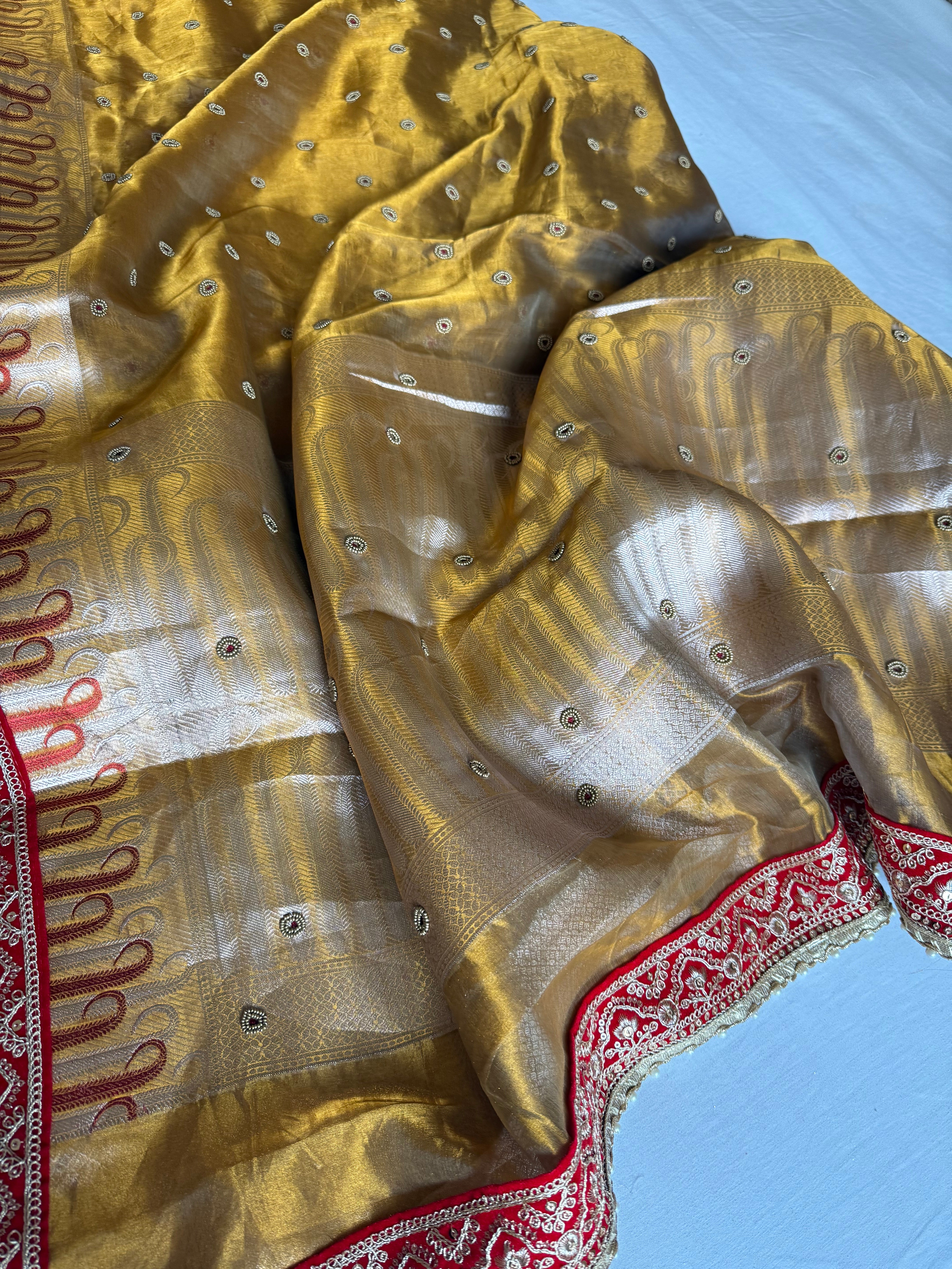 Kanjivaram gold tissue silk red meenakari hand embroidered kadhwa saree