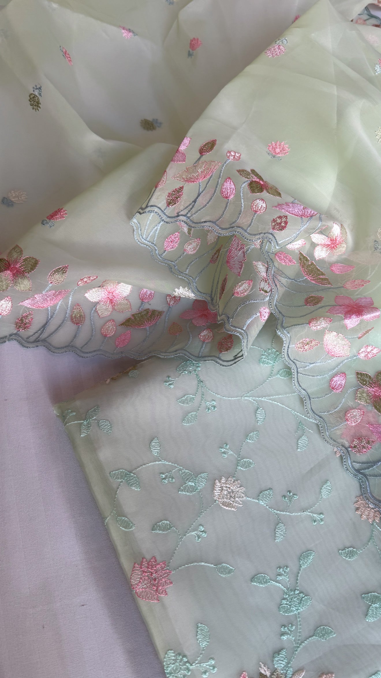 Mint green banarasi kora silk Parsi gara hand embroidered kadhwa suit set