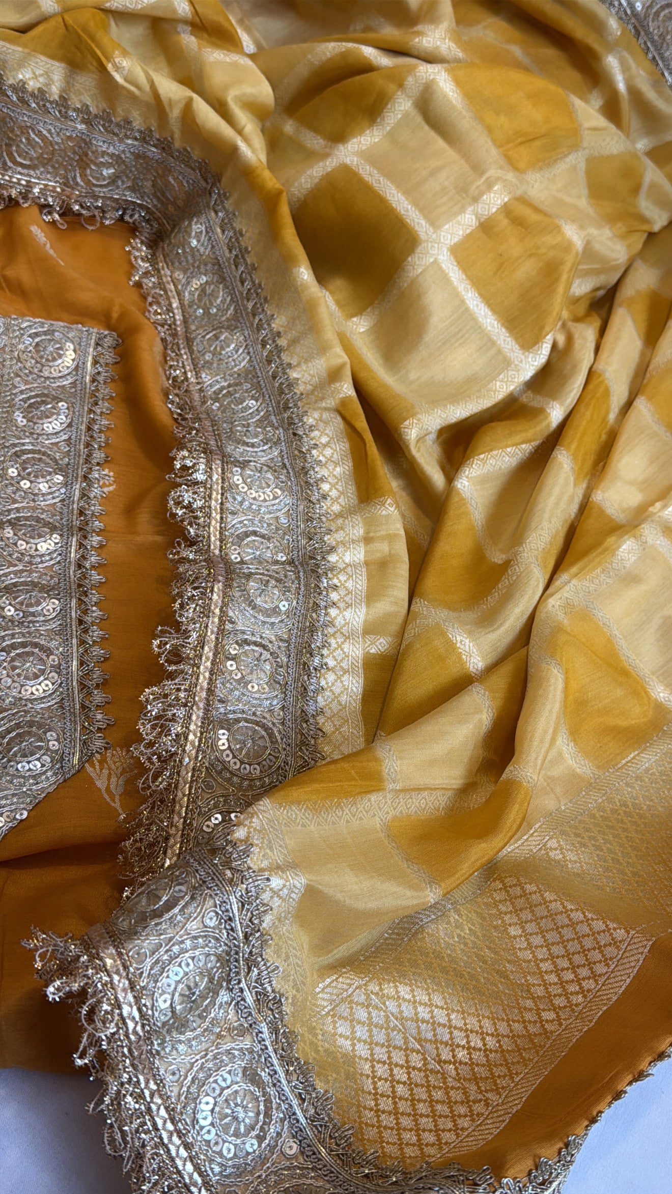 Mango yellow rangkat dye chaukadi weaving silk suit set