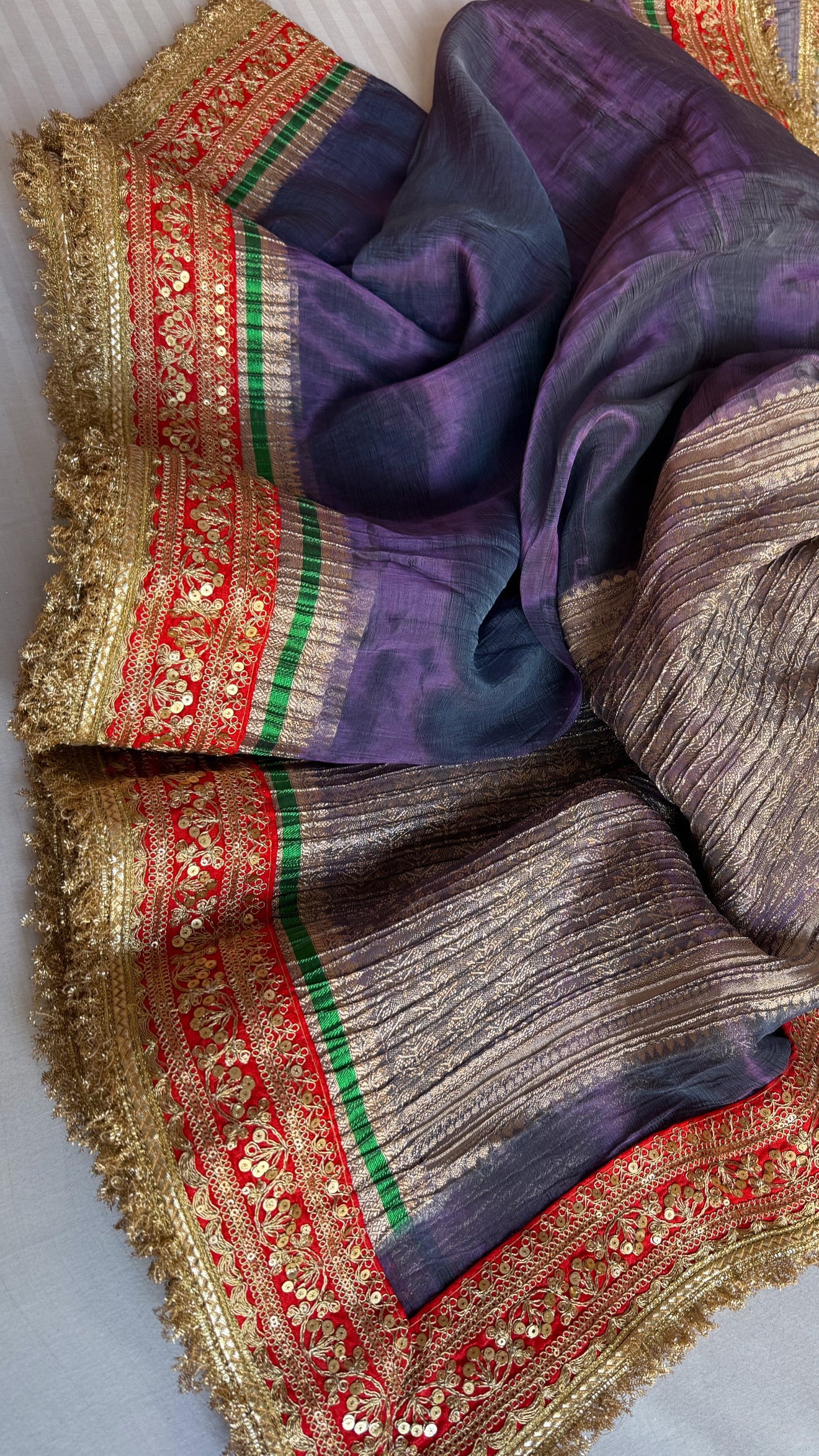 Midnight blueish-purple dhup chao effect pleated maharani tissue silk saree