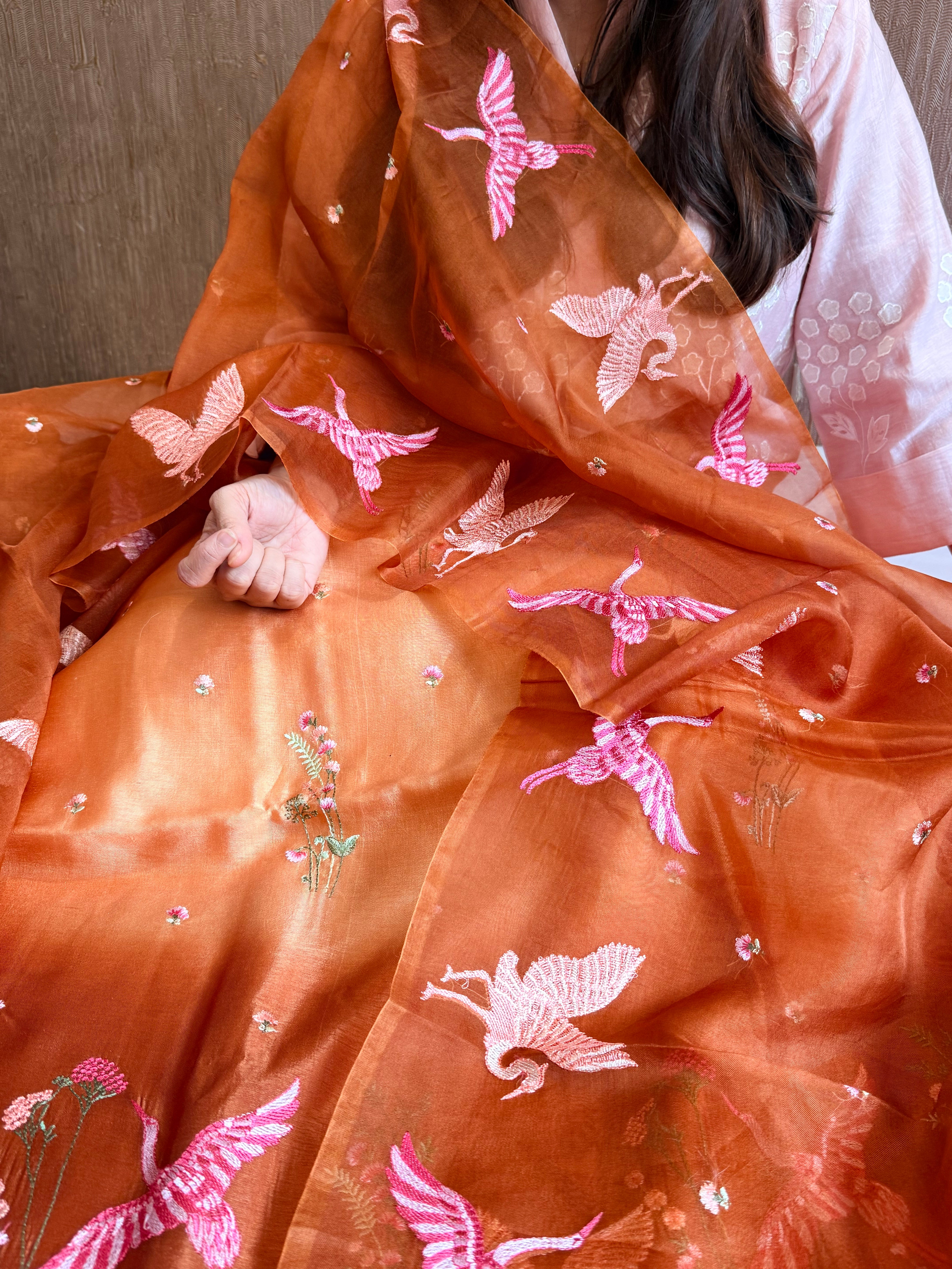 Mango silk flamingo motif hand embroidery suit set