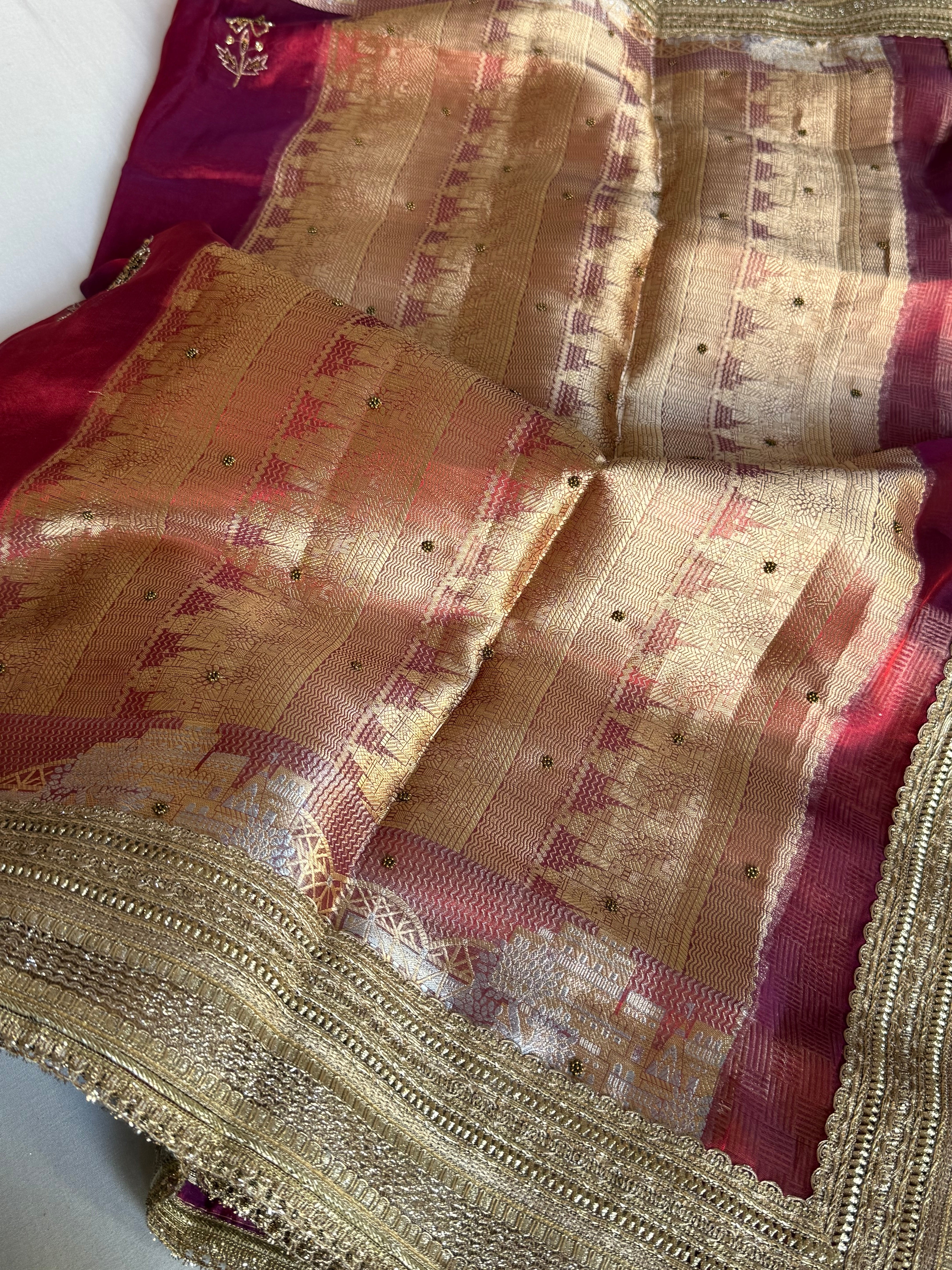 Mughal motif inspired - Metallic dhup chao red tissue silk hand embroidered husn saree