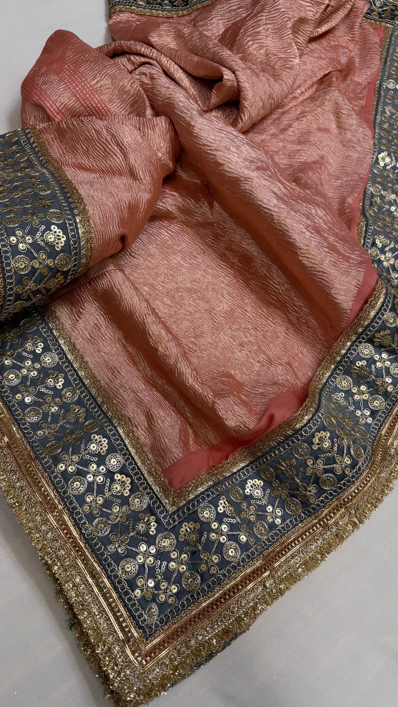 Moonga crushed tissue silk soft peach saree