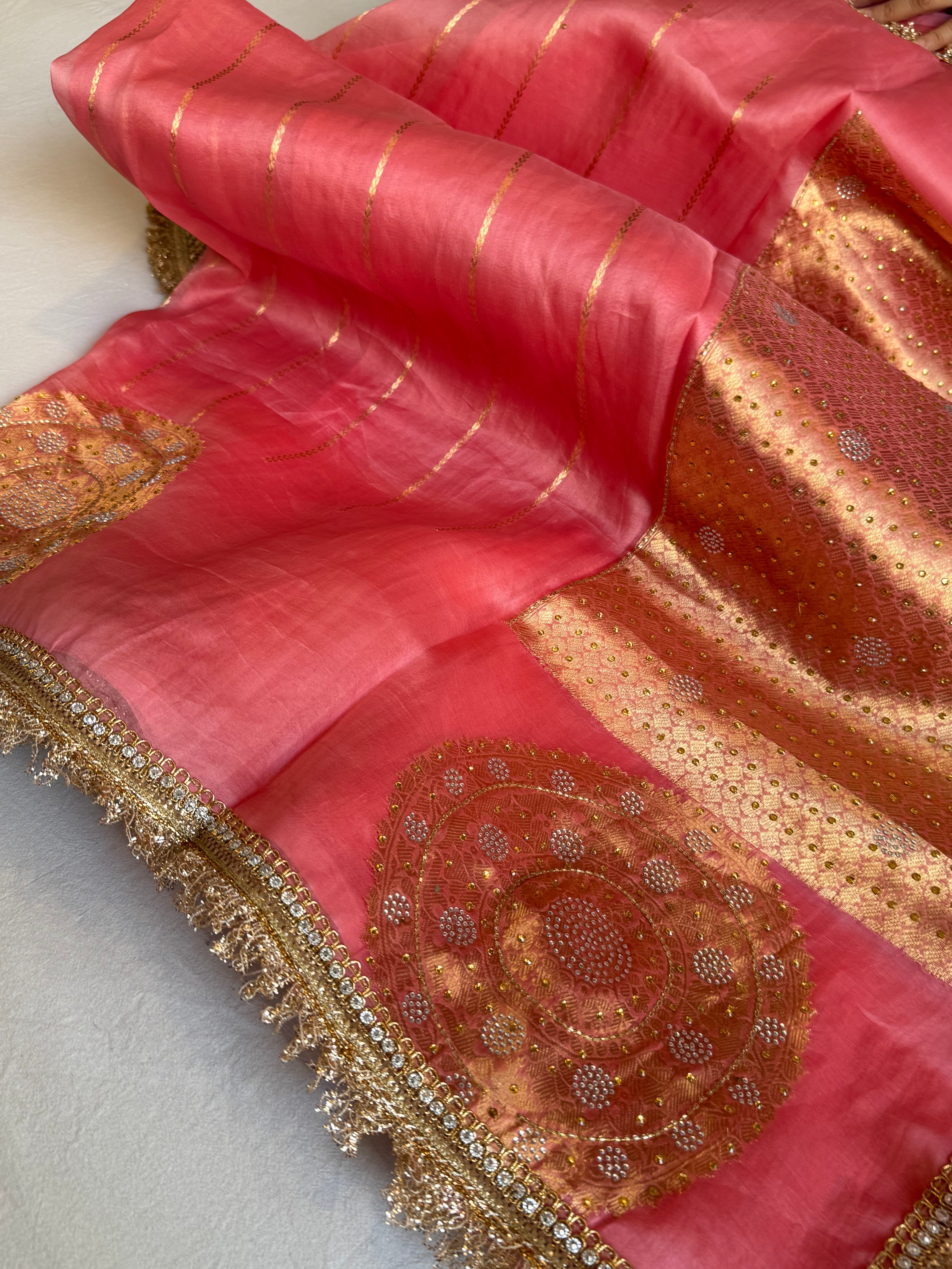 Gajri pink banarasi kora silk heavy sitara stonework kadhwa gotapatti saree