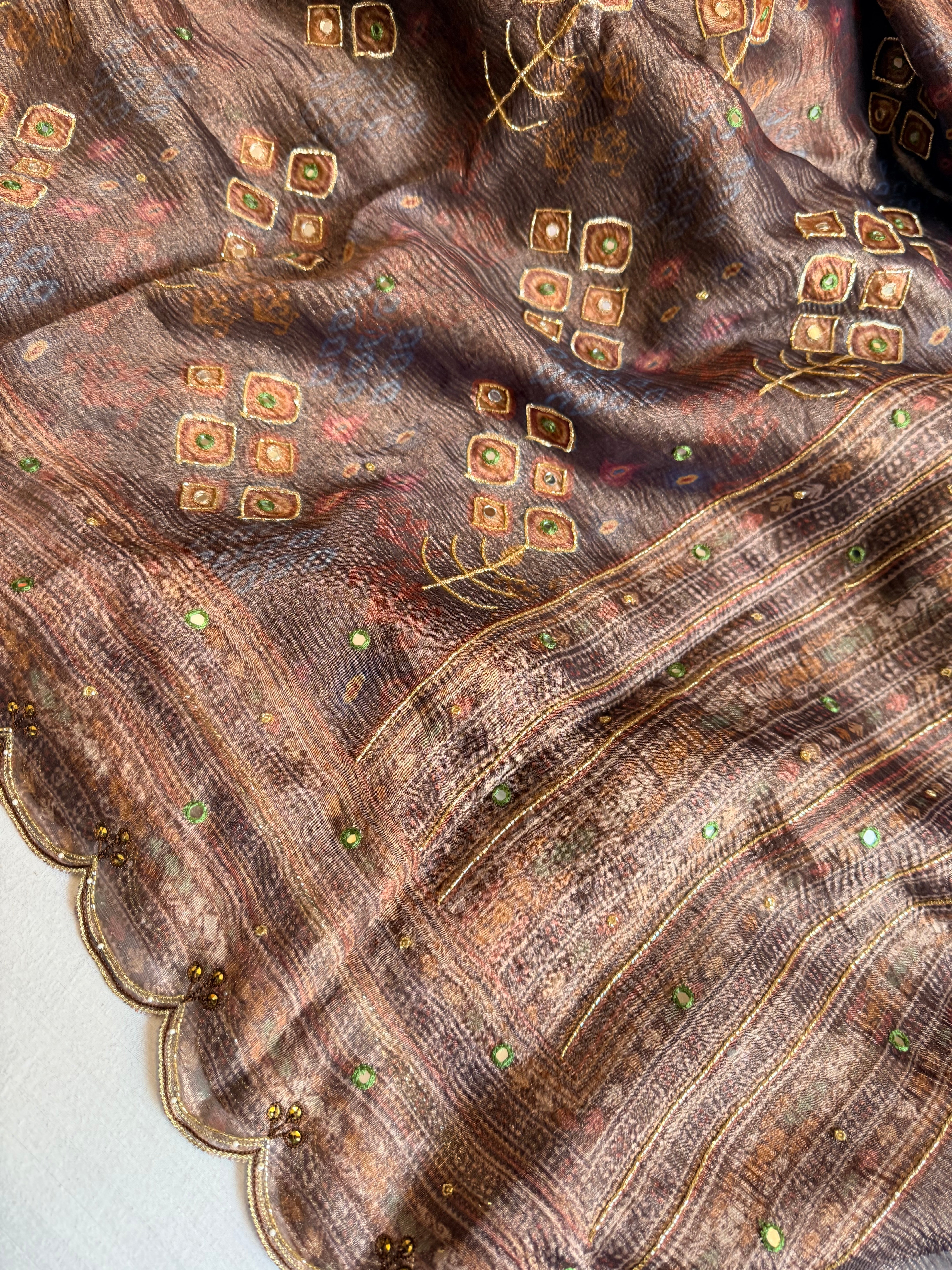 Printed tissue silk hand embroidered kadhwa gotapatti saree