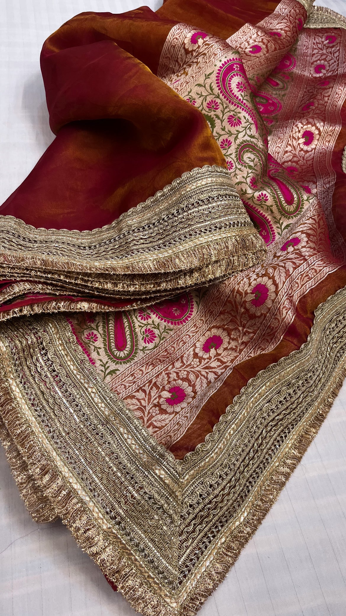 Maharani reddish-orange tissue tanchoi jamevar meenakari saree