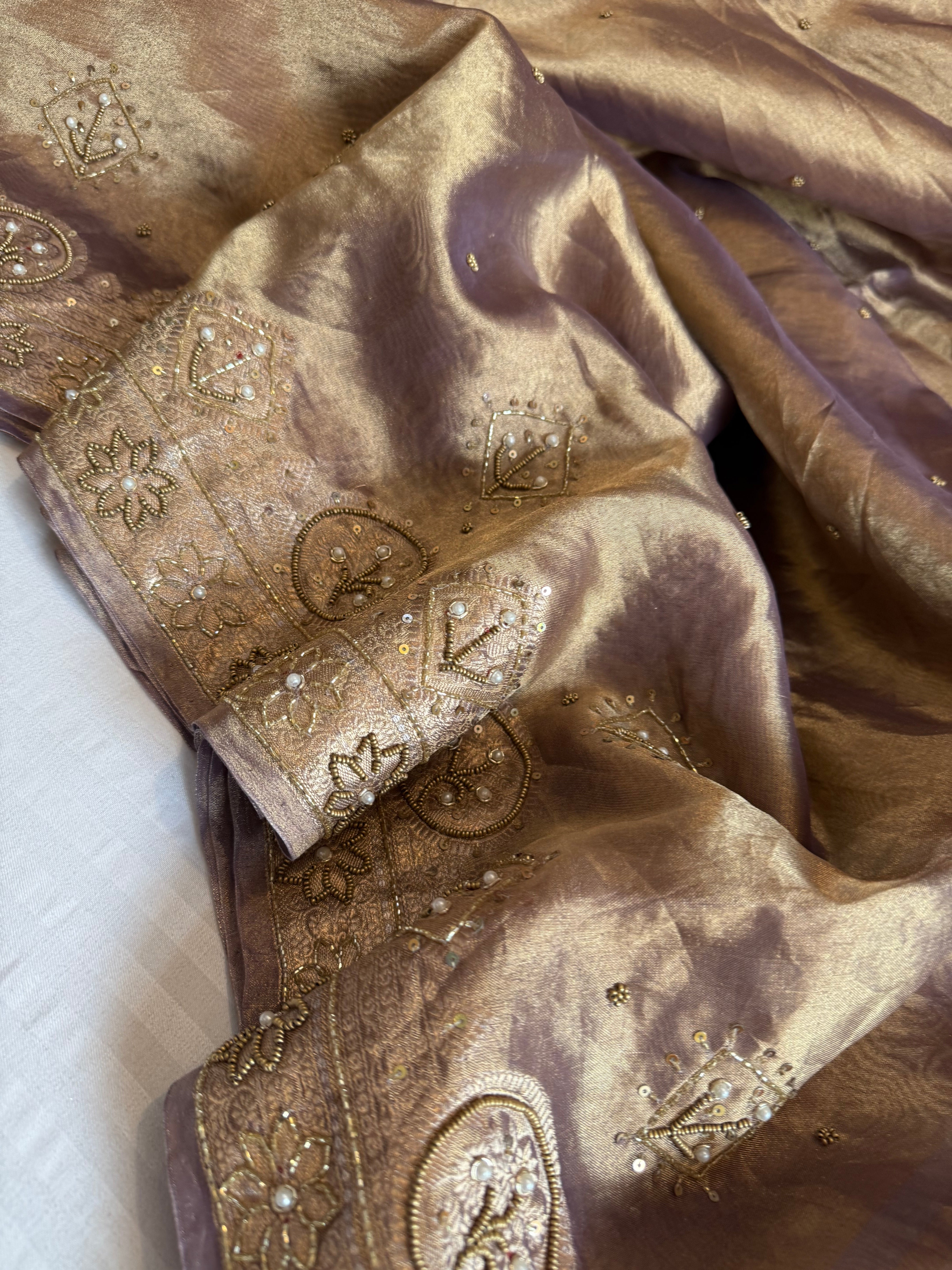 Husn dusty lilac tissue silk heavy hand embroidered saree