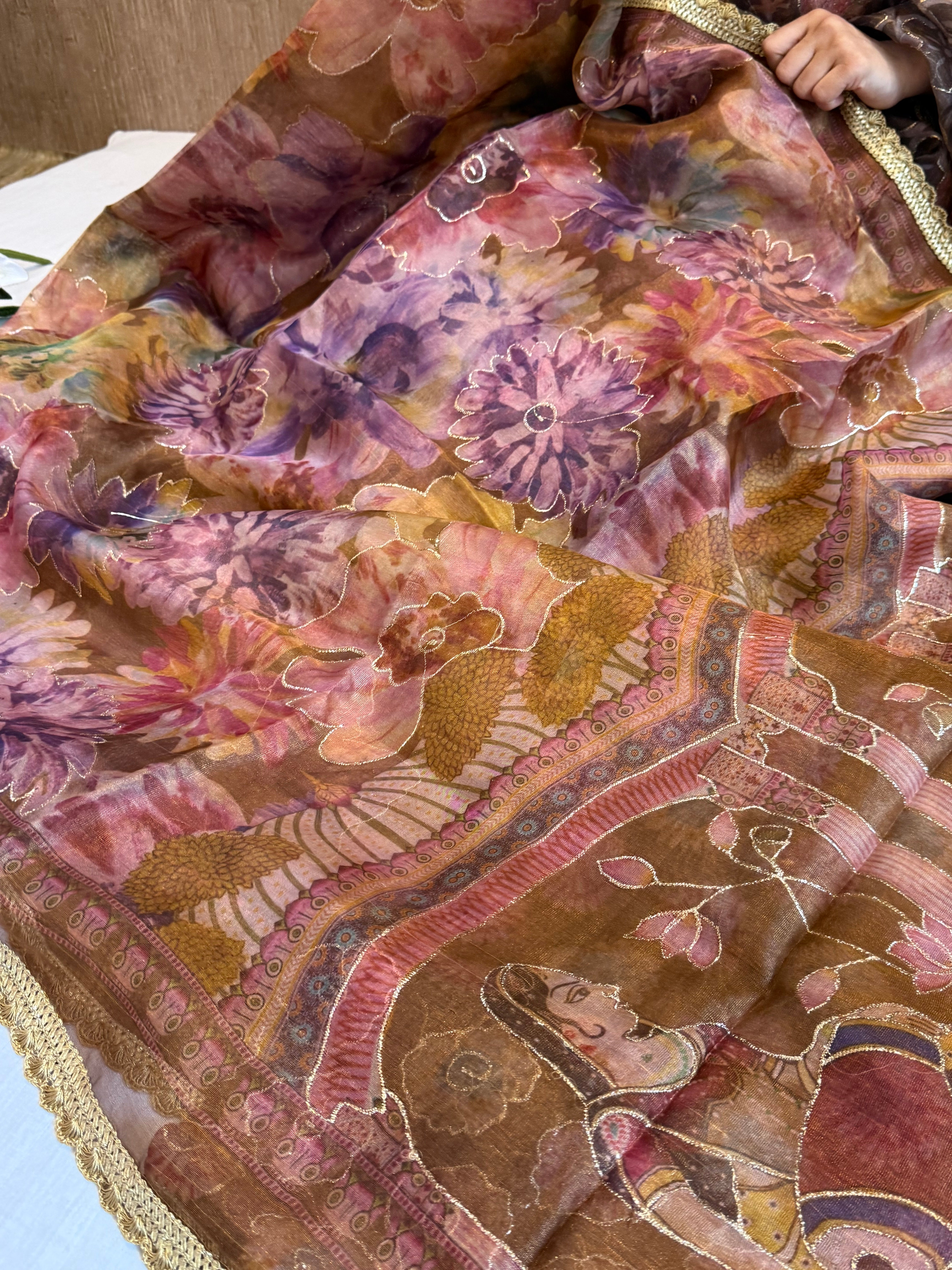 Printed banarasi tissue silk hand embroidered kadhwa saree
