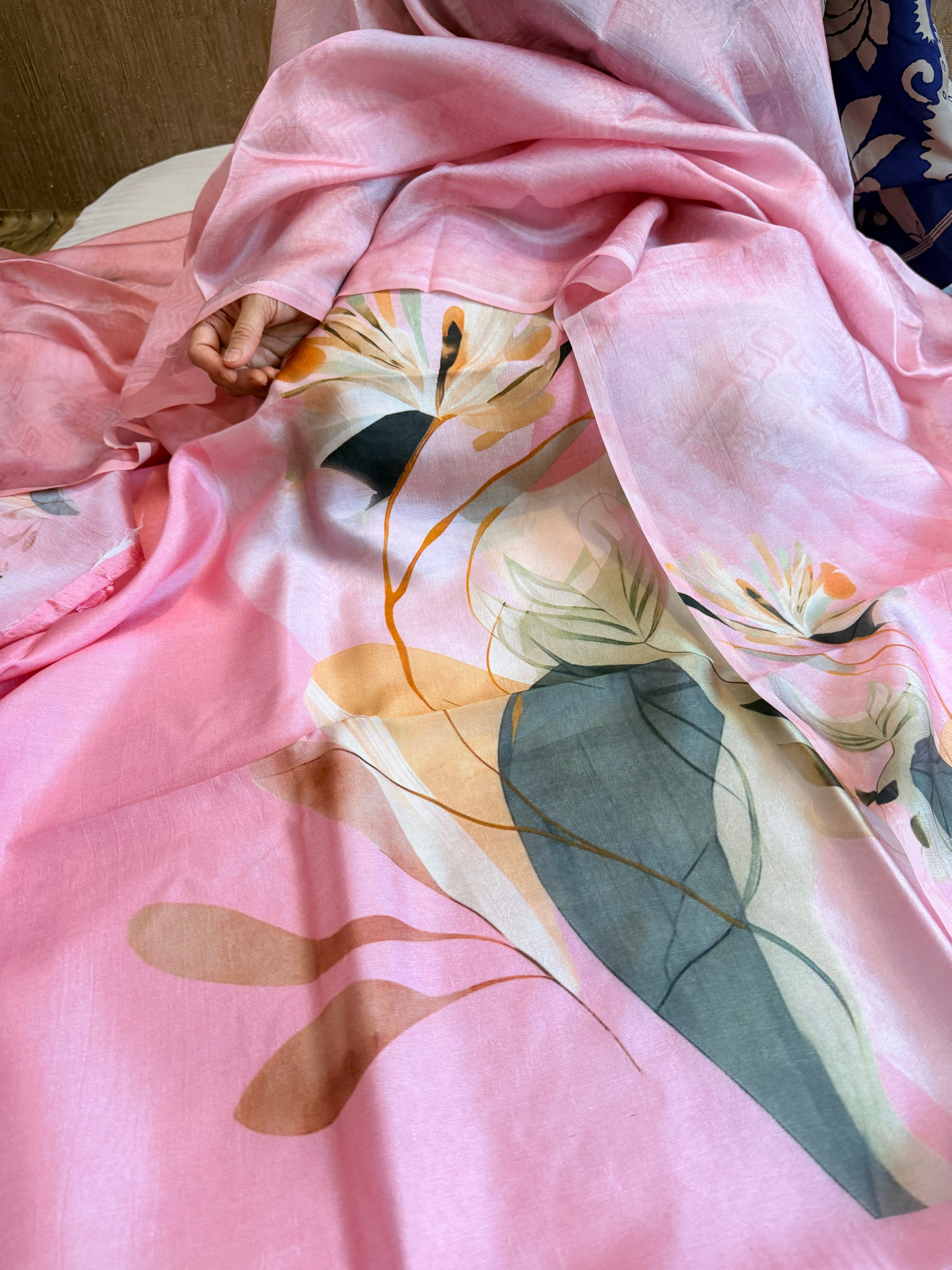 Printed spun chiniya silk kadhwa weaving suit set