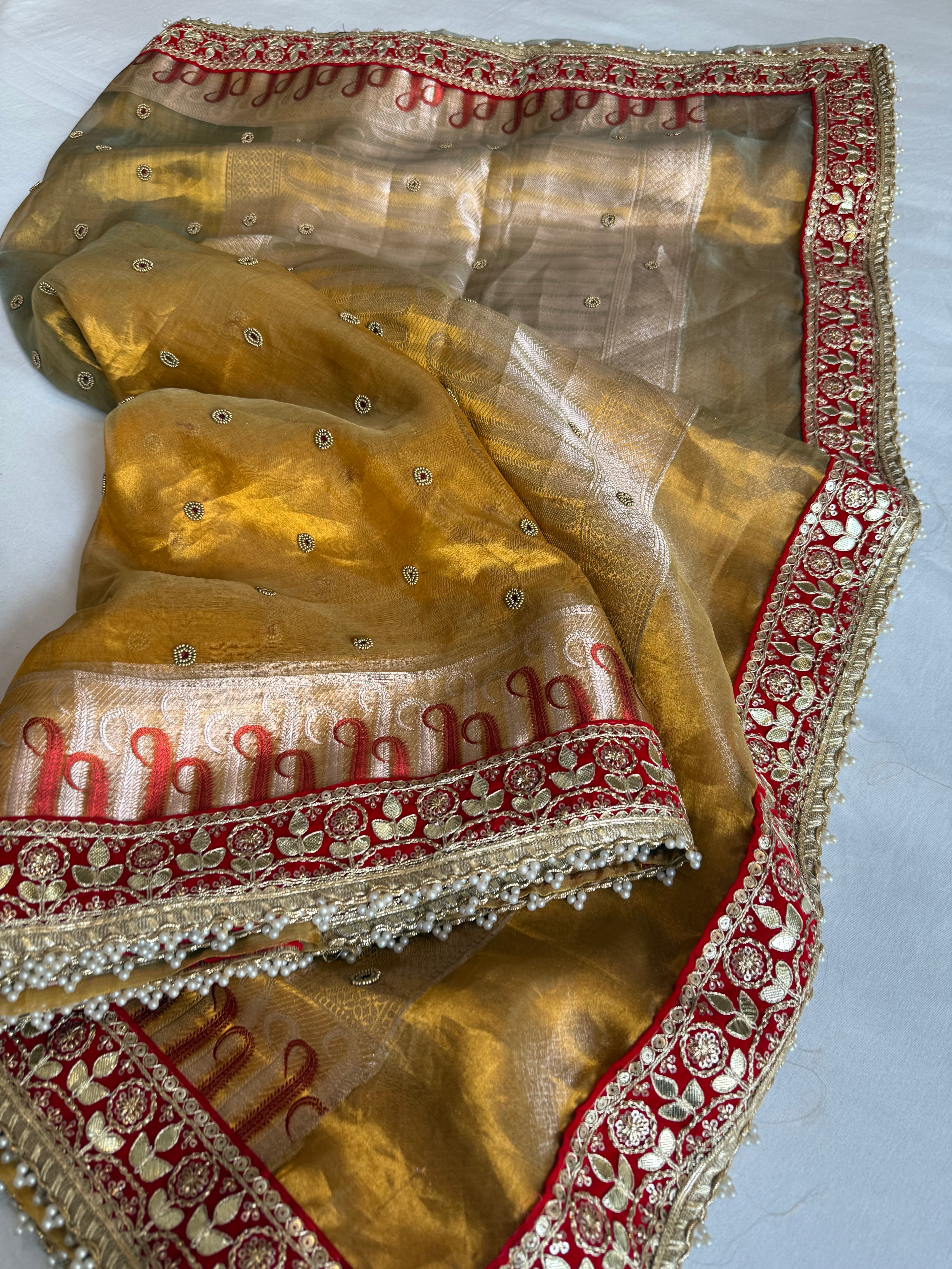 Kanjivaram gold tissue silk red meenakari hand embroidered kadhwa saree