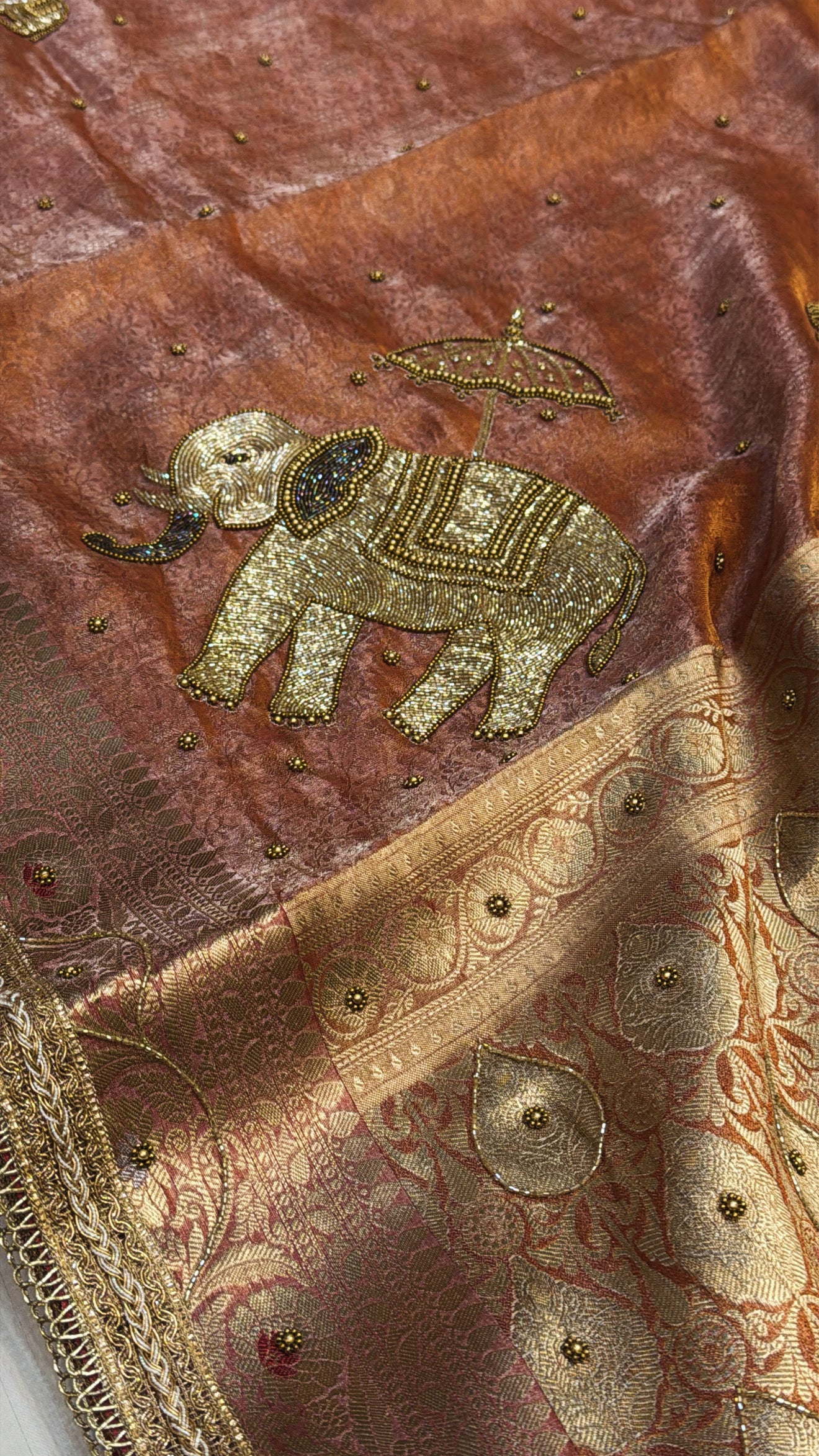 Wedding edit - Husn fanta orange tissue silk elephant motif hand embroidered saree