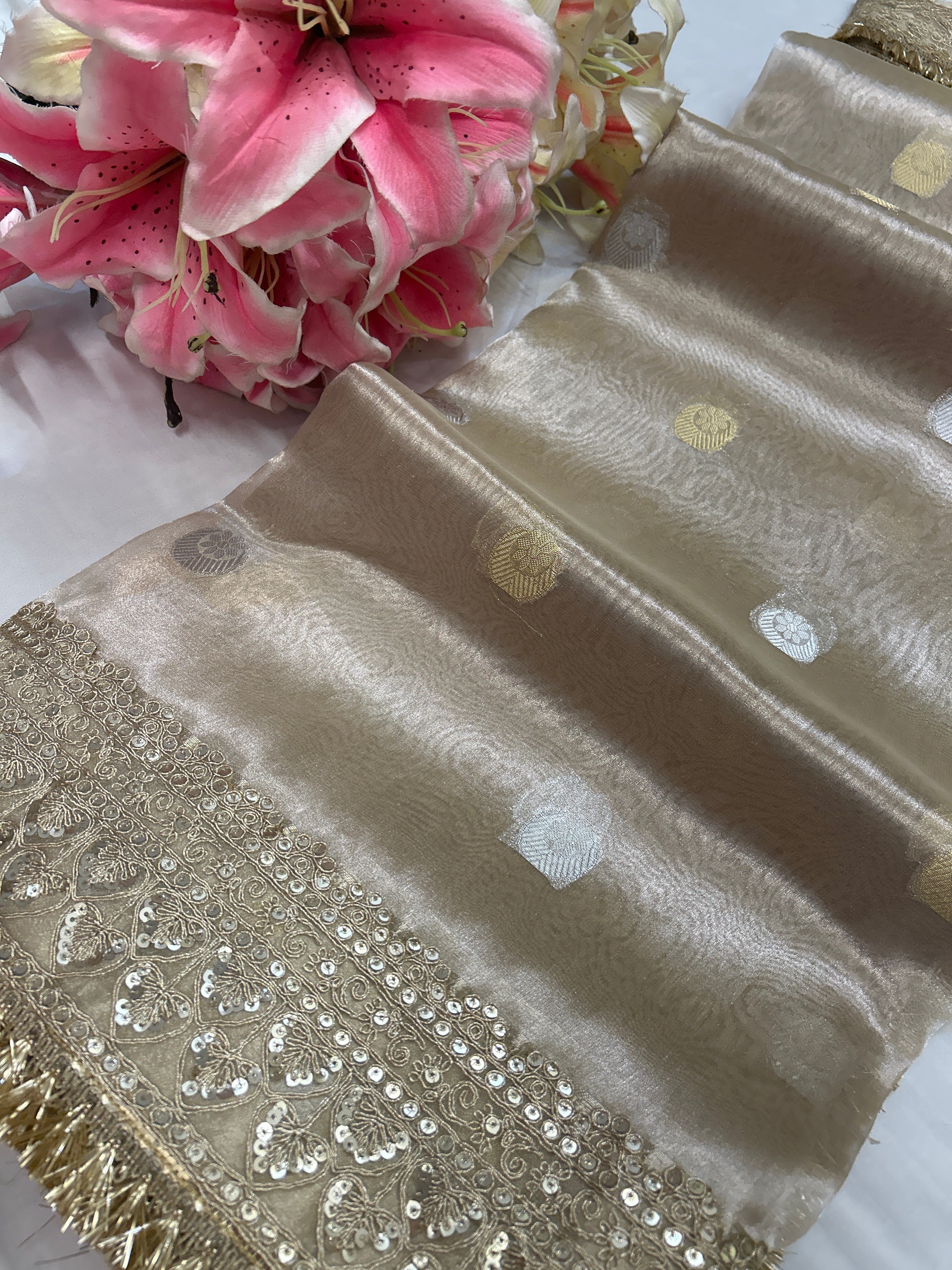Tissue silk silver tone chand buta saree