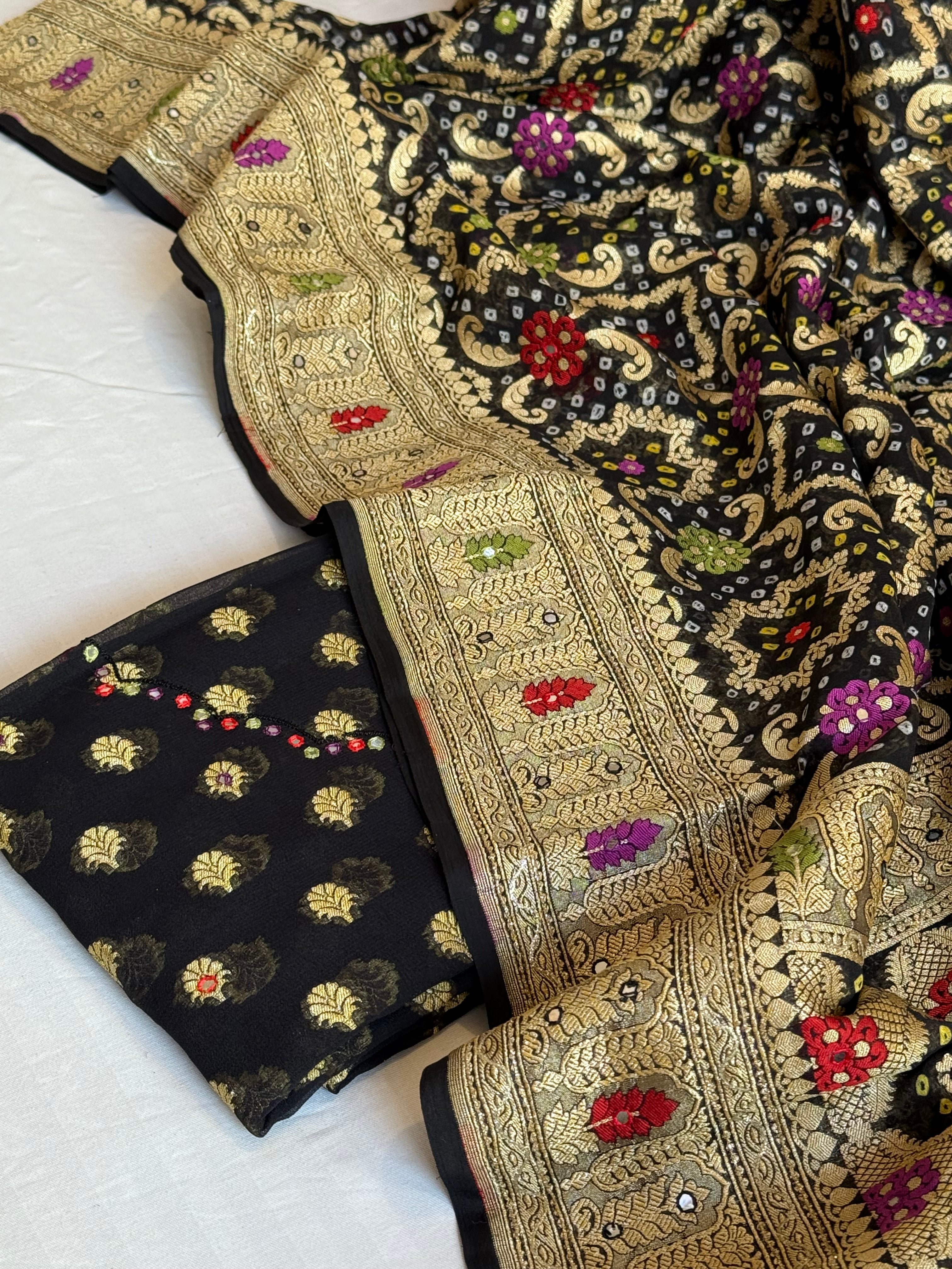 Mirror and dori work black banarasi gorgette kadhwa suit set