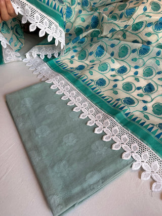 Sage green mul cotton banarasi resham meenakari kadhwa suit set