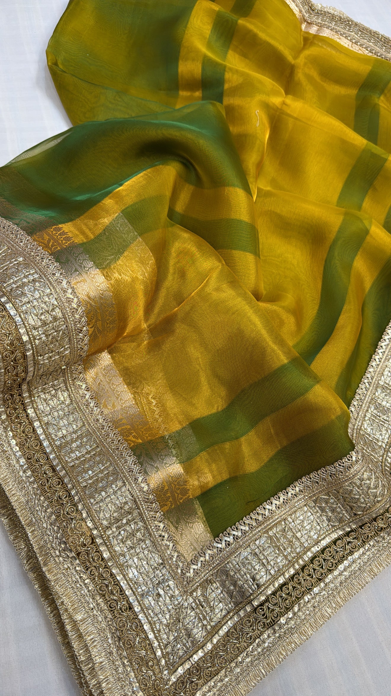 Maharani chutney green tissue silk kadhwa gotapatti saree