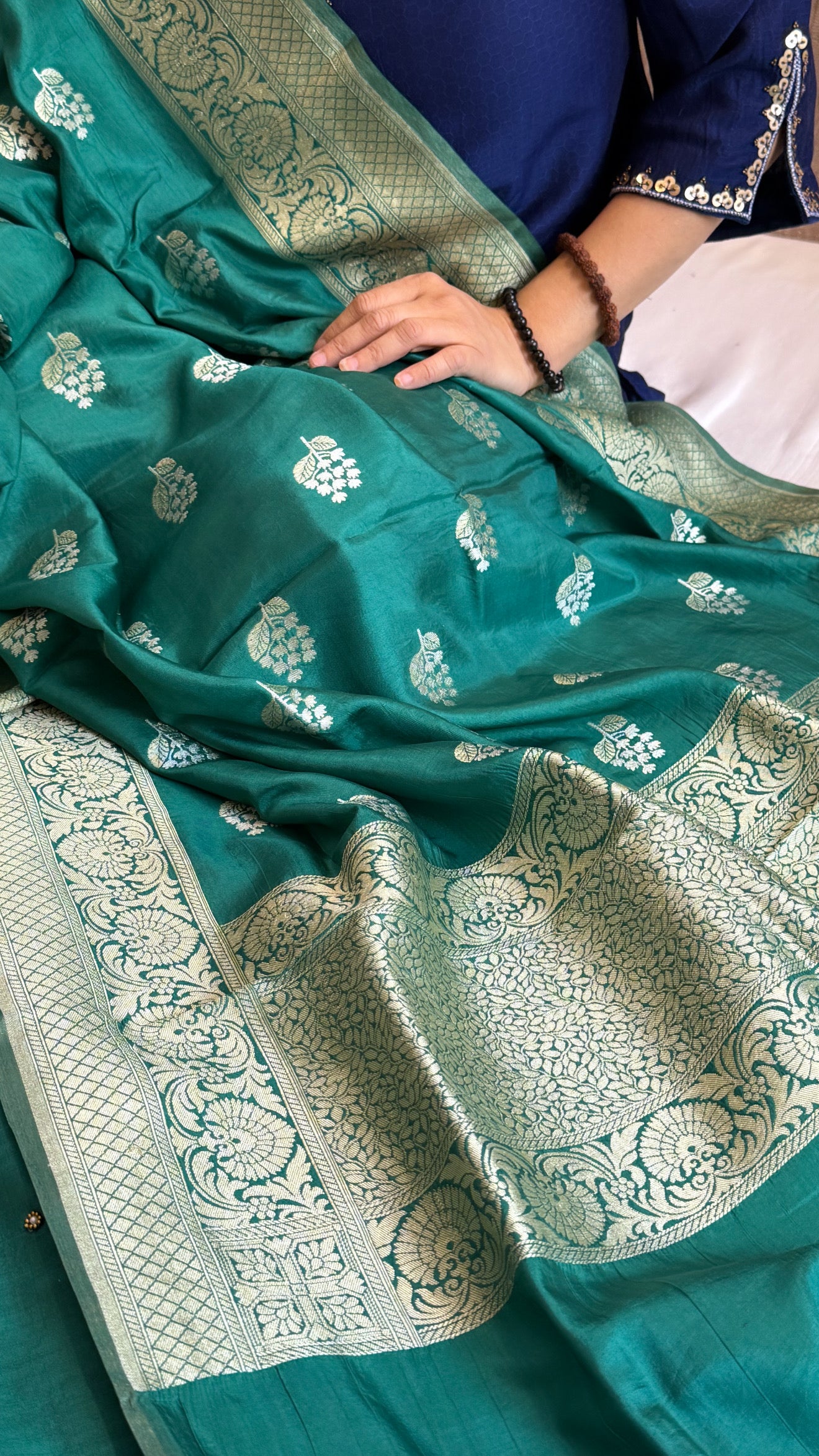 Sheesham bottle green mirror work katan silk hand embroidered kadhwa suit set