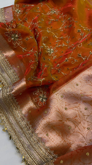 Husn shadi wali saree - Narangi orange husn tissue silk heavy hand embroidered saree