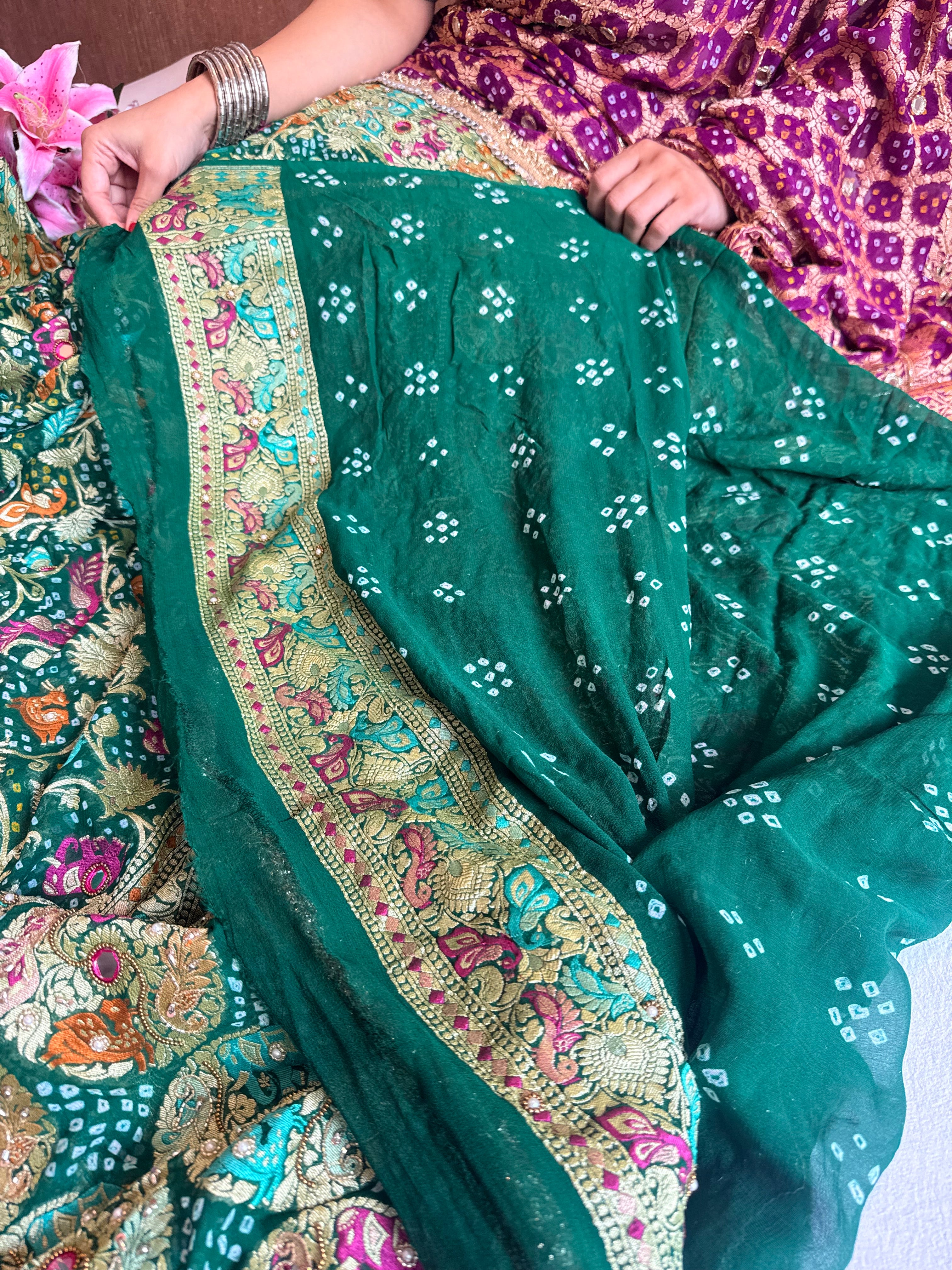 Banarasi chiffon gorgette rai bandhej kadhwa weaving hand embroidered saree