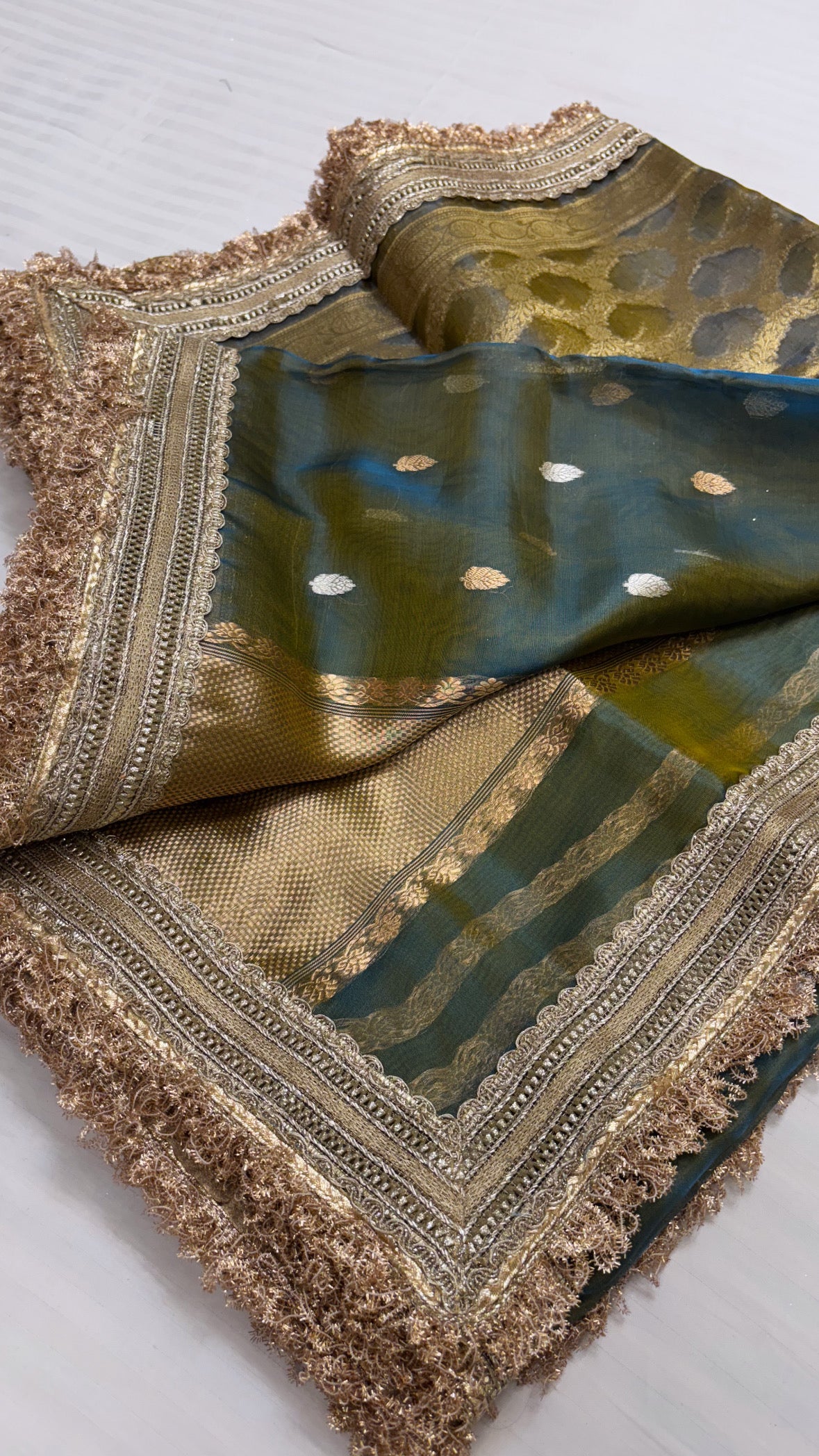 Moss greenish blue dhup chao effect maharani tissue silk saree with maharani tissue silk duppata