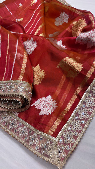 Maharani tomato deep red tissue silk kadhwa buti saree