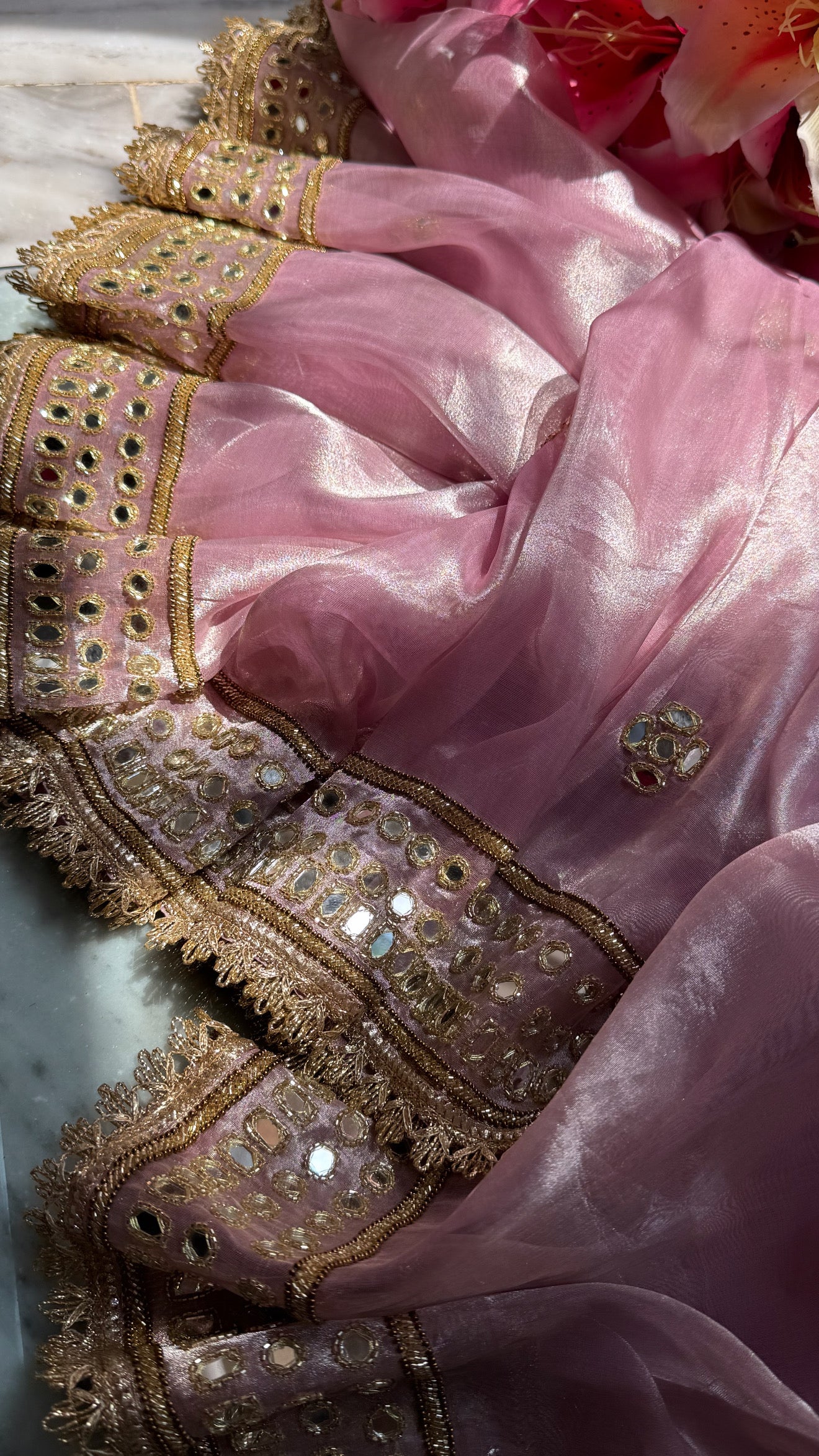 Engagement wali saree - Powder pink diamond tissue silk mirror work hand embroidered saree