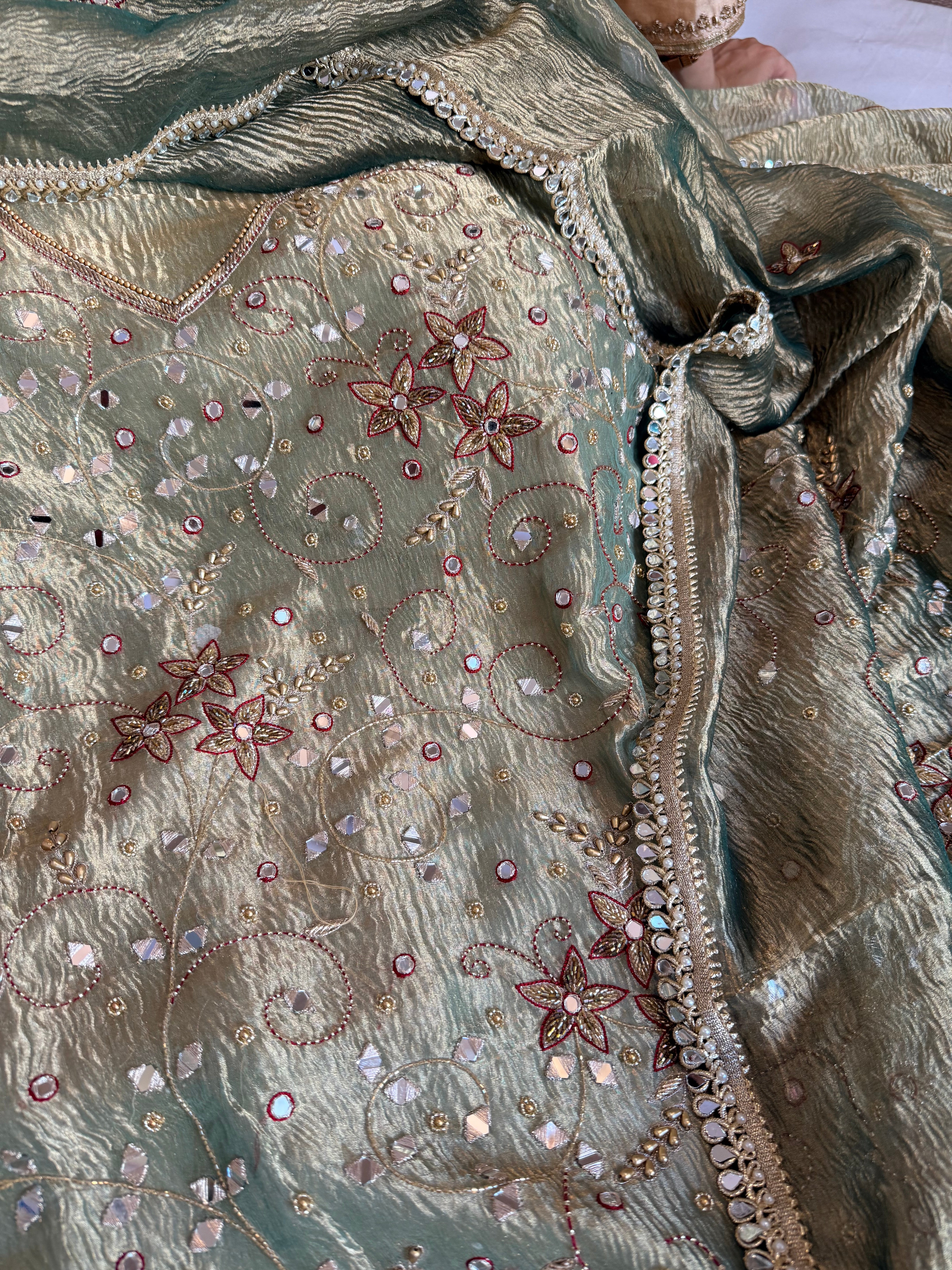 Banarasi tissue silk mirrorwork hand embroidered crushed suit sets