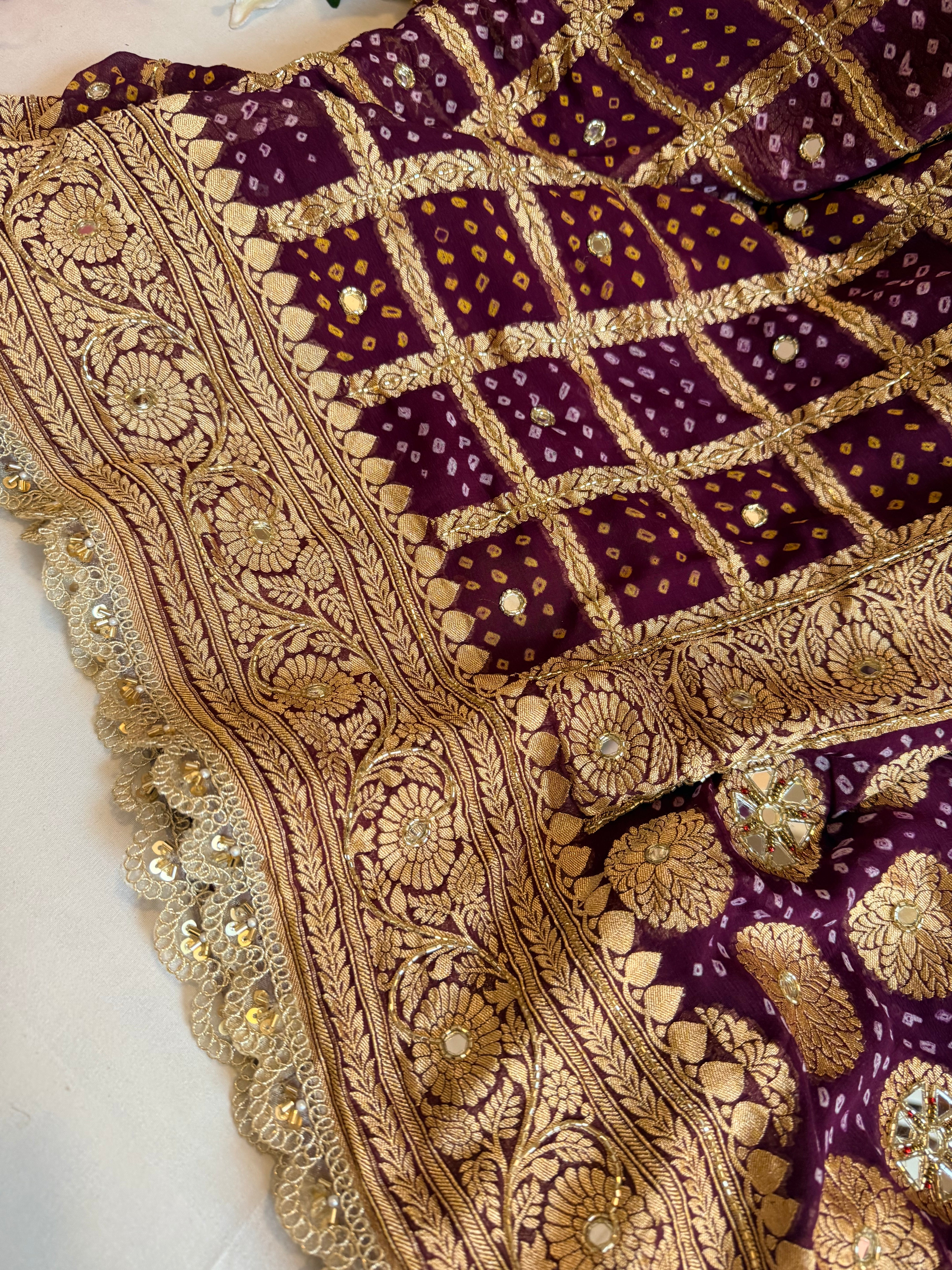 Bandhej saree ka sandook - brinjal purple shaded chiffon gorgette banarasi bandhej saree