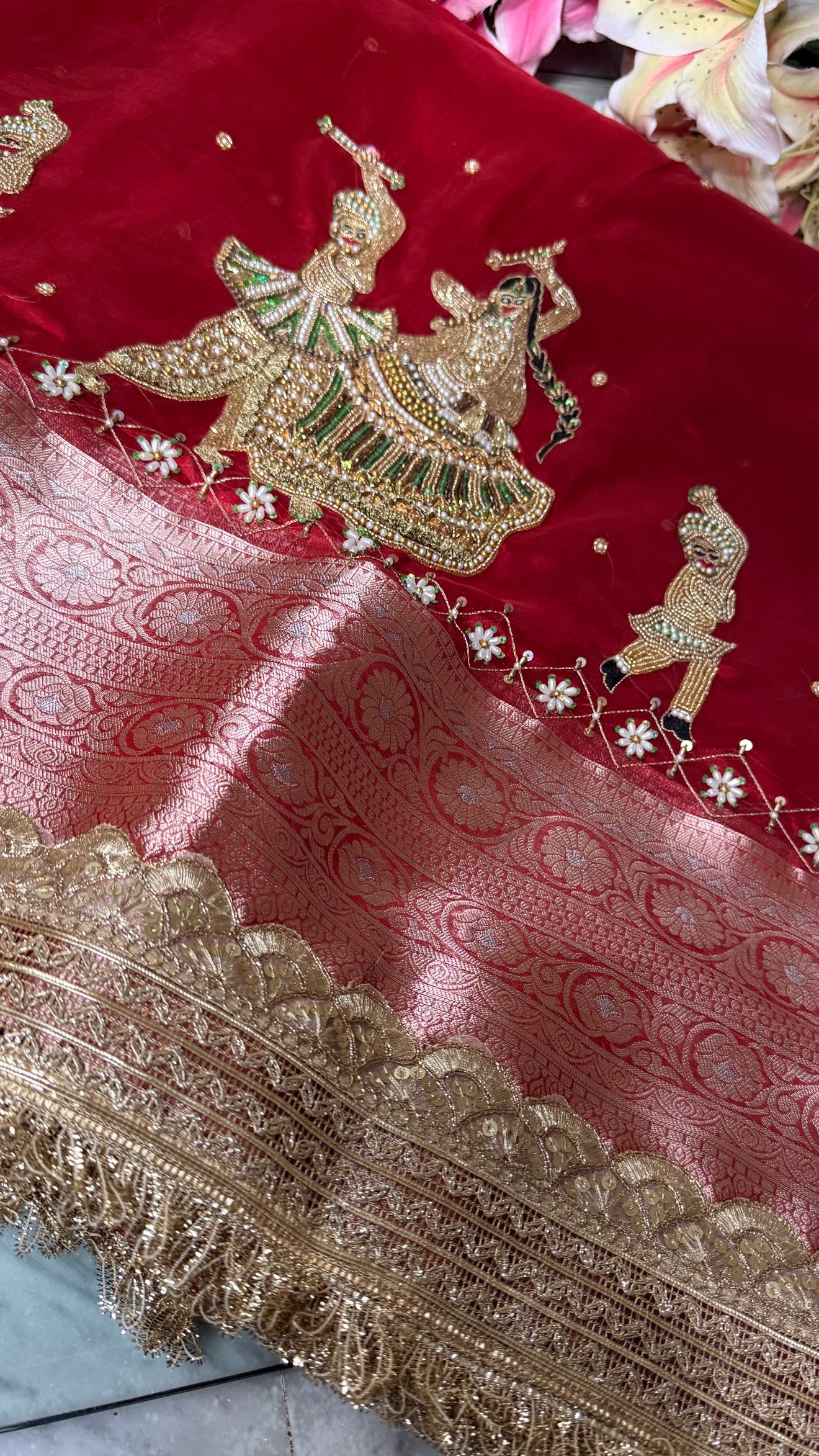 Dandiya wali laal saree - blood red garba theme hand embroidered kadhwa tissue silk saree
